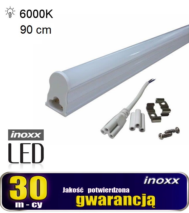 INOXX 90T5K6000 FS--świetlówka LED T5 z oprawą, to zintegrowana lampa gotowa do powieszenia na suficie lub pod szafkami możliwość łączenia wielu świetlówek w jeden strumień światła liniowego, za pomocą łącznika dodanego do zestawu bardzo prosty montaż za pomocą uchwytów