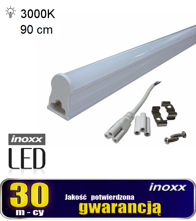 INOXX 90T5K3000 FS--świetlówka LED T5 z oprawą, to zintegrowana lampa gotowa do powieszenia na suficie lub pod szafkami możliwość łączenia wielu świetlówek w jeden strumień światła liniowego, za pomocą łącznika dodanego do zestawu bardzo prosty montaż za pomocą uchwytów