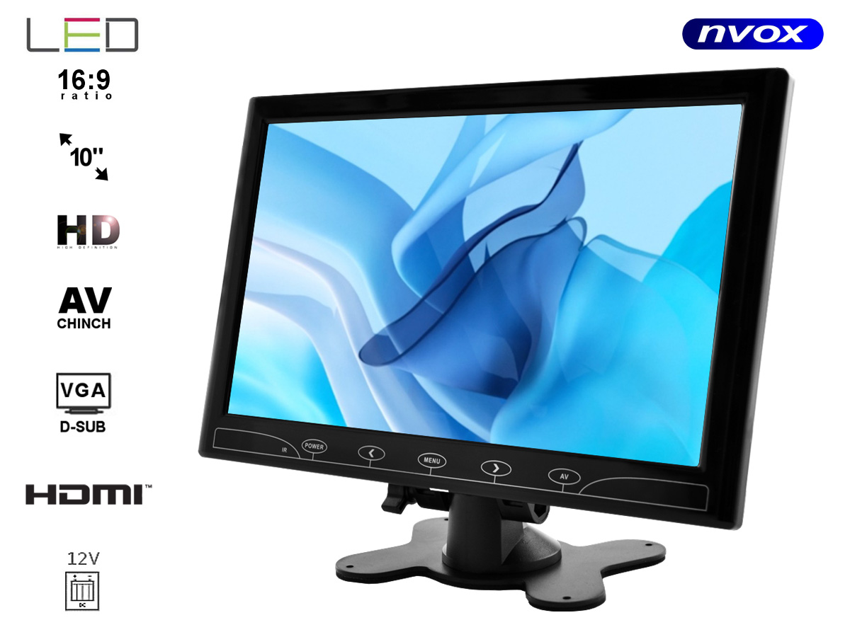NVOX HM1013VH--- markowa matryca Digital LCD Hi-Contrast o podwyższonej jasności, kontraście oraz ostrości- SUPER SLIM - najcieńszy monitor na rynku- obsługa dwóch źródeł obrazu AV1/AV2- wejście HDMI- wejście VGA- rotacja obrazu w pionie oraz poziomie tylko w trybi