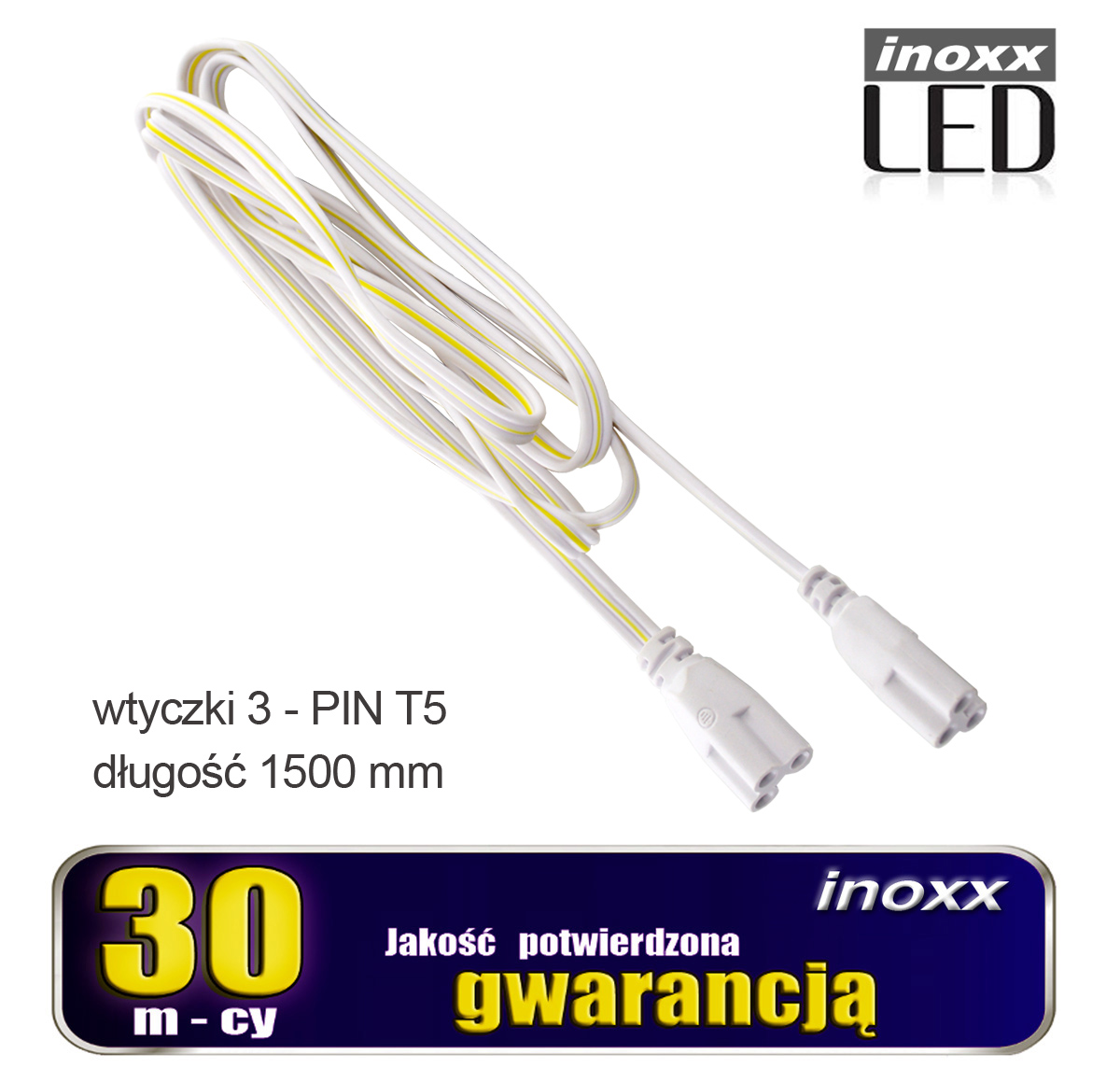INOXX T5 LINK 150CM FS--łącznik liniowy na kablu o długości 150cm do świetlówek LED typu T5 zintegrowanych z oprawąkabel zakończony z obu stron tym samym typem wtyczki T5 3 pinkabel bardzo elastyczny i płaski, możliwość dyskretnego zamontowania w zabudowie meblowej, sufitow