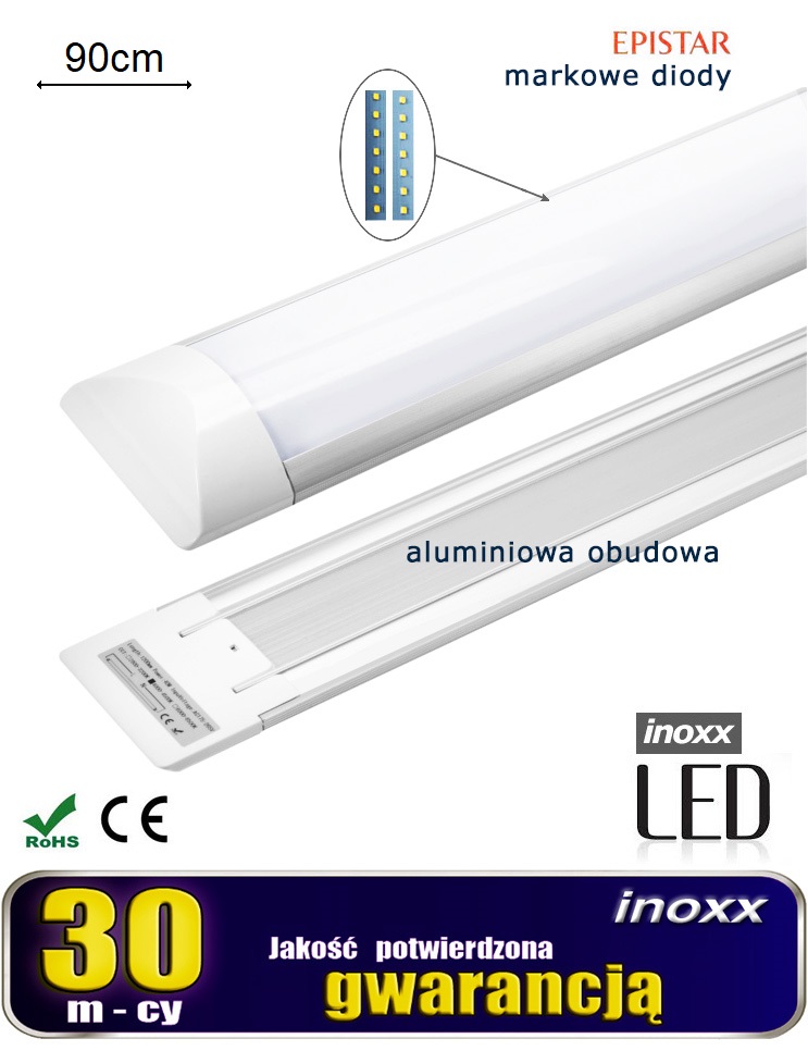 INOXX LL90CM 30W 6000K MI FS--lampa natynkowa LED o nowoczesnym wyglądzie z wbudowanym źródłem światłasolidna aluminiowa obudowa, doskonale rozprowadzająca ciepło, dzięki temu lampa się nie nagrzewa i ma dłuższą żywotnośćmleczny klosz lampy o szerokim kącie świecenia idealnie roz