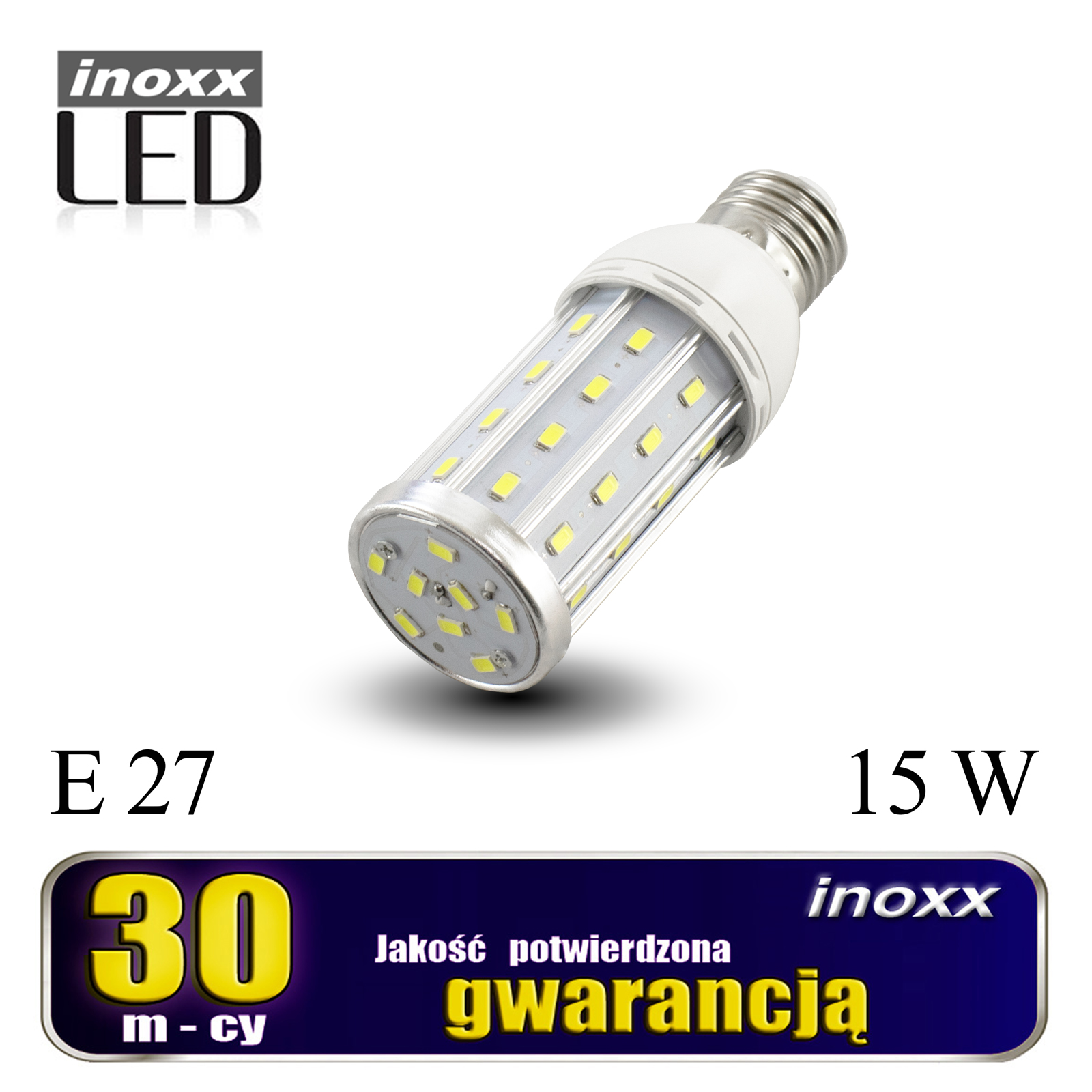 INOXX E27 15W 4000K AL FS--żarówka LED Corn 15W to energooszczędny odpowiednik tradycyjnej żarówki E27 o mocy aż 150Wbardzo mocna i wydajna, daje aż 1575 lumenów, a skuteczność świetlna to aż 105 lm/Wwyposażona w nowoczesne diody SMD 5730 marki Epistarżarówka daje maksymalny k