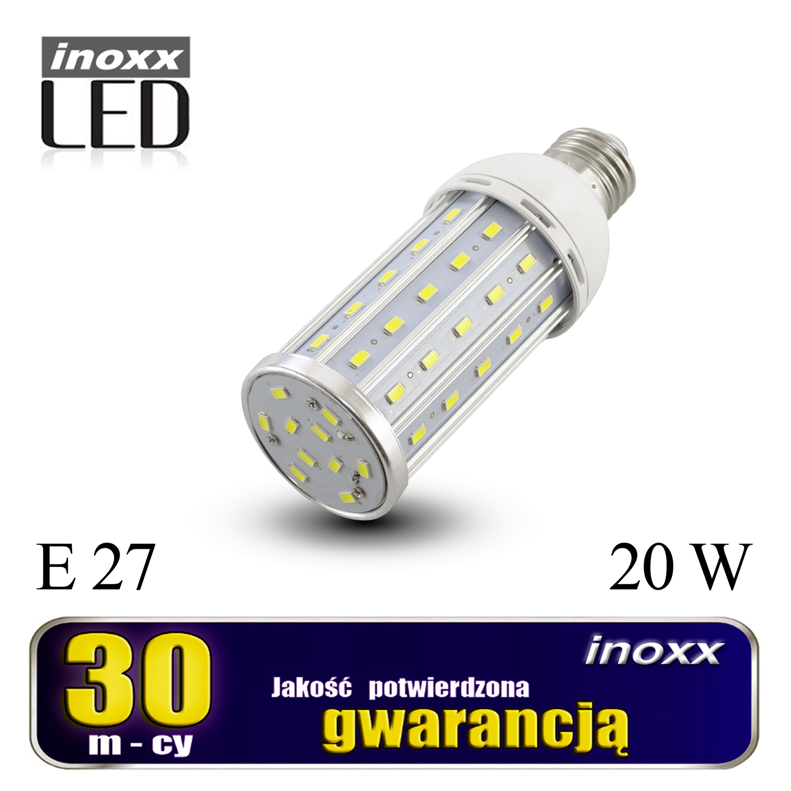 INOXX E27 20W 3000K AL FS--żarówka LED Corn 20W to energooszczędny odpowiednik tradycyjnej żarówki E27 o mocy aż 200Wbardzo mocna i wydajna, daje aż 2100 lumenów, a skuteczność świetlna to aż 105 lm/Wwyposażona w nowoczesne diody SMD 5730 marki Epistarżarówka daje maksymalny k