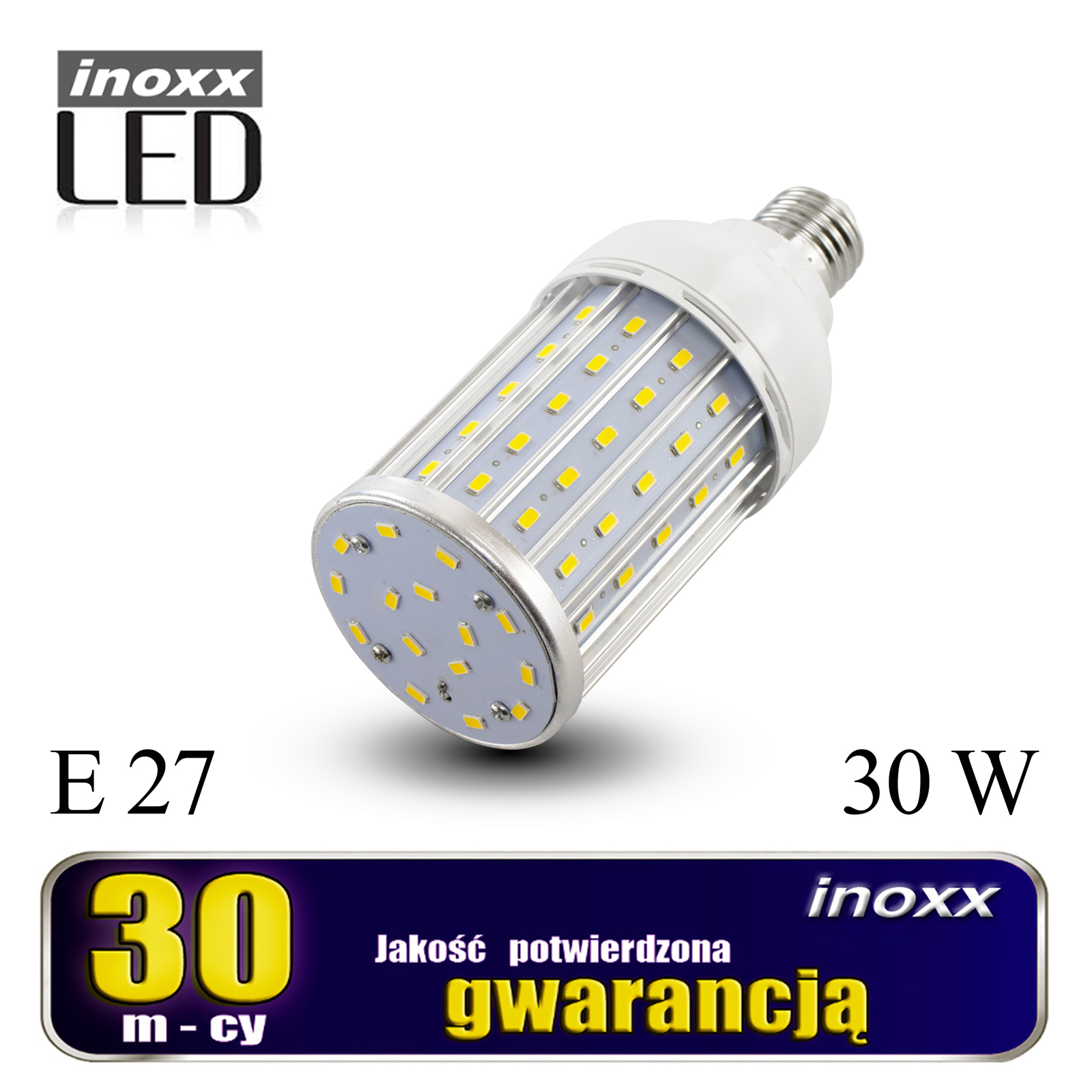 INOXX E27 30W 4000K AL FS--żarówka LED Corn 30W to energooszczędny odpowiednik tradycyjnej żarówki E27 o mocy aż 300Wbardzo mocna i wydajna, daje aż 3030 lumenów, a skuteczność świetlna to aż 105 lm/Wwyposażona w nowoczesne diody SMD 5730 marki Epistarżarówka daje maksymalny k