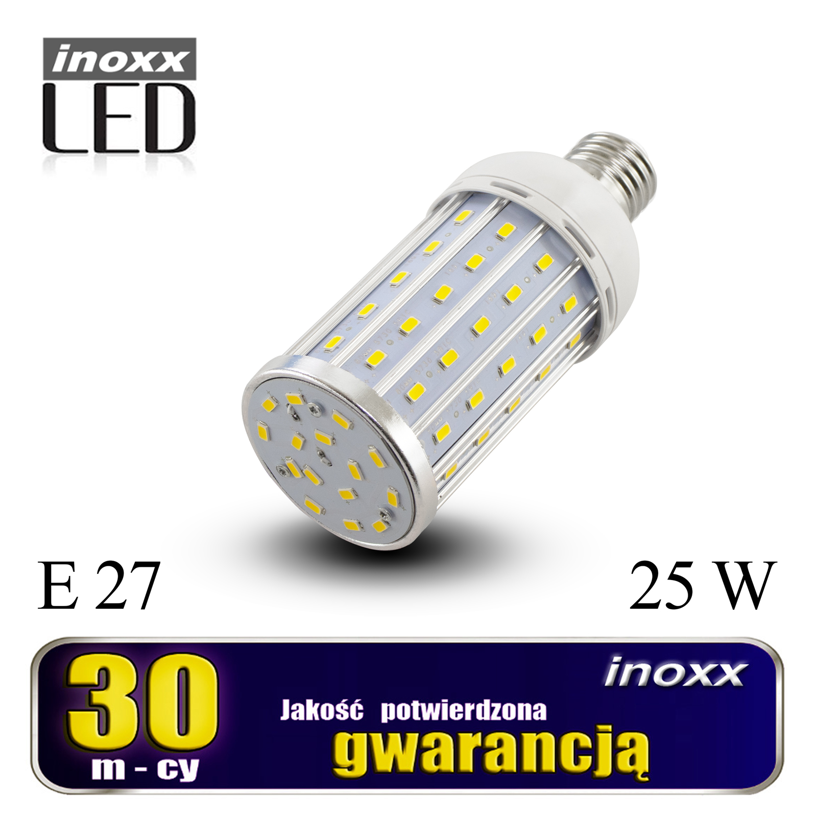 INOXX E27 25W 6000K AL FS--żarówka LED Corn 25W to energooszczędny odpowiednik tradycyjnej żarówki E27 o mocy aż 250Wbardzo mocna i wydajna, daje aż 2525 lumenów, a skuteczność świetlna to aż 105 lm/Wwyposażona w nowoczesne diody SMD 5730 marki Epistarżarówka daje maksymalny k