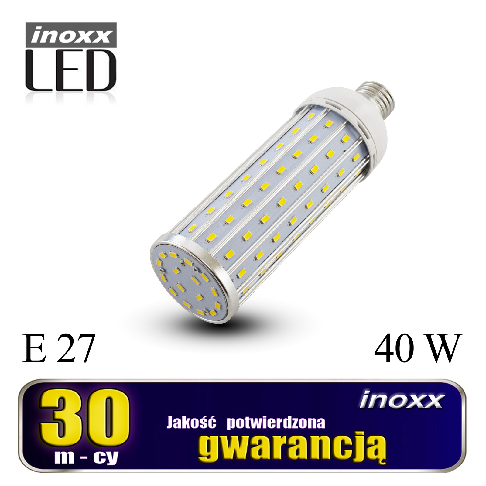 INOXX E27 40W 4000K AL FS--żarówka LED Corn 40W to energooszczędny odpowiednik tradycyjnej żarówki E27 o mocy aż 400Wbardzo mocna i wydajna, daje aż 4040 lumenów, a skuteczność świetlna to aż 105 lm/Wwyposażona w nowoczesne diody SMD 5730 marki Epistarżarówka daje maksymalny k