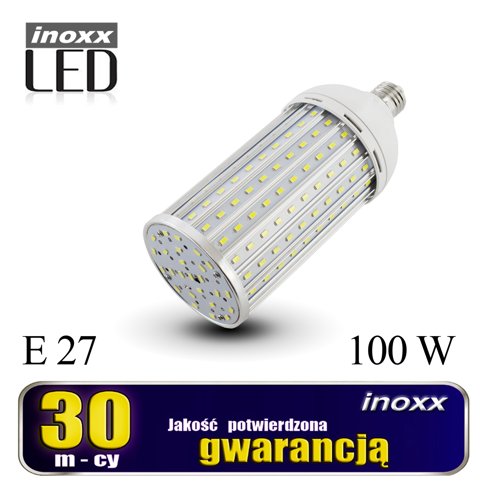 INOXX E27 100W 6000K AL FS--żarówka LED Corn 100W to energooszczędny odpowiednik tradycyjnej żarówki E27 o mocy aż 1000Wbardzo mocna i wydajna, daje aż 10100 lumenów, a skuteczność świetlna to aż 105 lm/Wwyposażona w nowoczesne diody SMD 5730 marki Epistarżarówka daje maksymaln