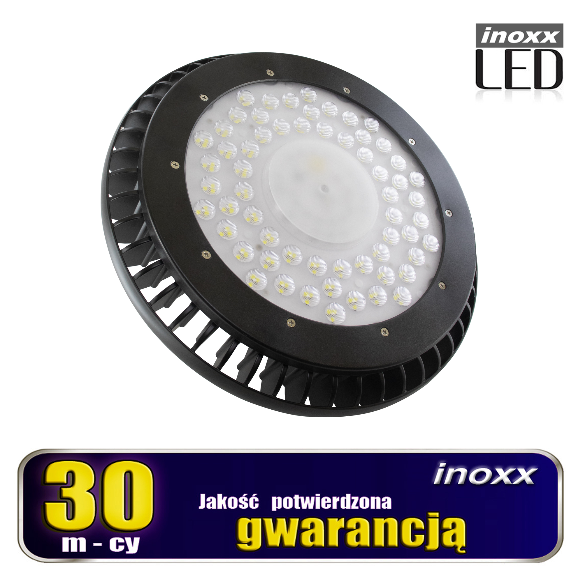 INOXX HB-UFO-150W 6000K FS--lampa przemysłowa LED z 180.nowoczesnymi wysokowydajnymi diodami SMD3030bardzo solidna, masywna i wytrzymała, odporna na uszkodzenia dzięki grubej metalowej obudowielampa jest zabezpieczona od wilgoci i pyłów, klasa szczelności IP65 bardzo wydajna la