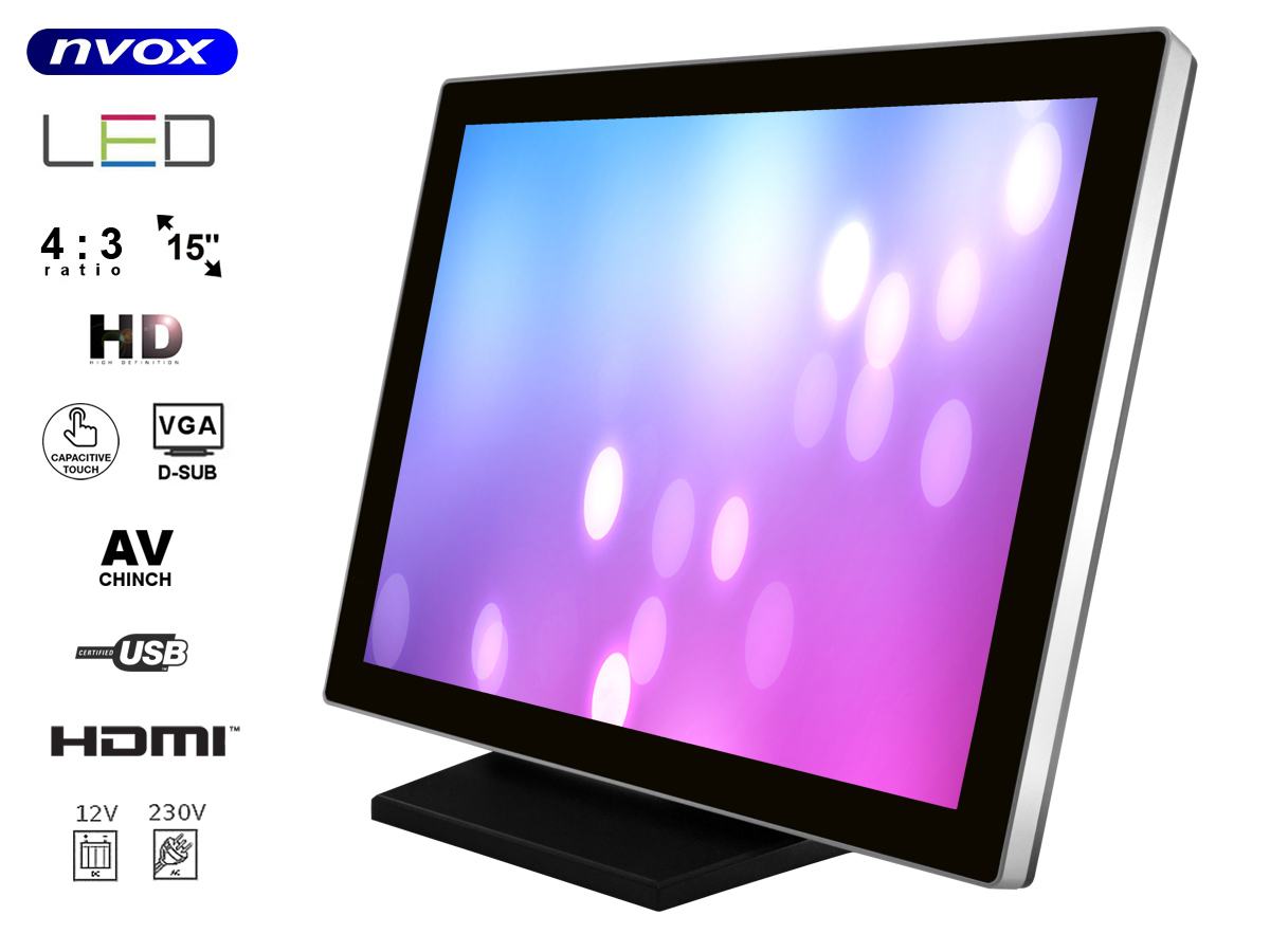 NVOX PC1505TC--- markowa matryca Digital LED Hi-Contrast o podwyższonej jasności, kontraście oraz ostrości- wejście VGA- wejście HDMI- wejście USB typu B (do podłączenia dotyku)- mocowanie VESA 100x100&amp;bull; wyświetlacz cyfrowy LED 15cali&amp;bull; wyso