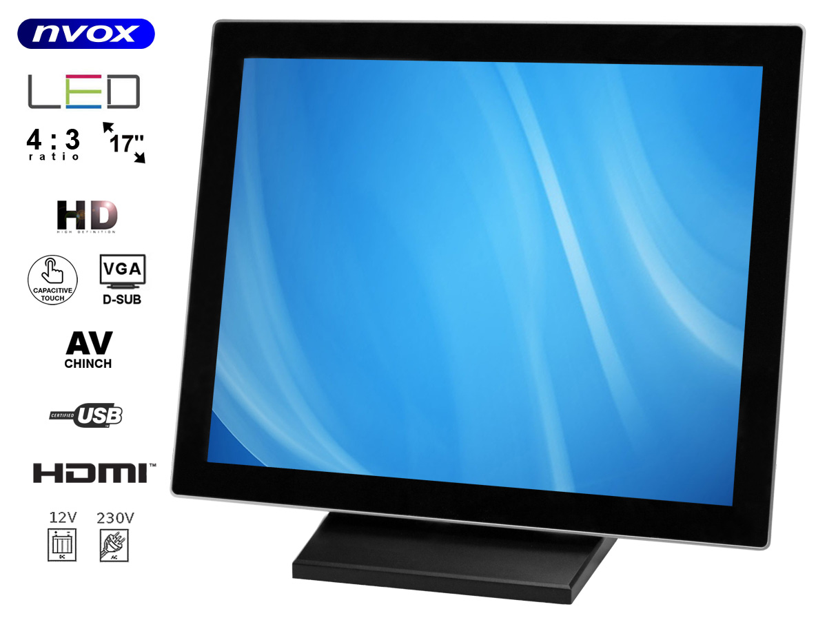 NVOX PC1705TC--- markowa matryca Digital LED Hi-Contrast o podwyższonej jasności, kontraście oraz ostrości- wejście VGA- wejście HDMI- wejście USB typu B (do podłączenia dotyku)- mocowanie VESA 100x100&amp;bull; wyświetlacz cyfrowy LED 17cali&amp;bull; wyso