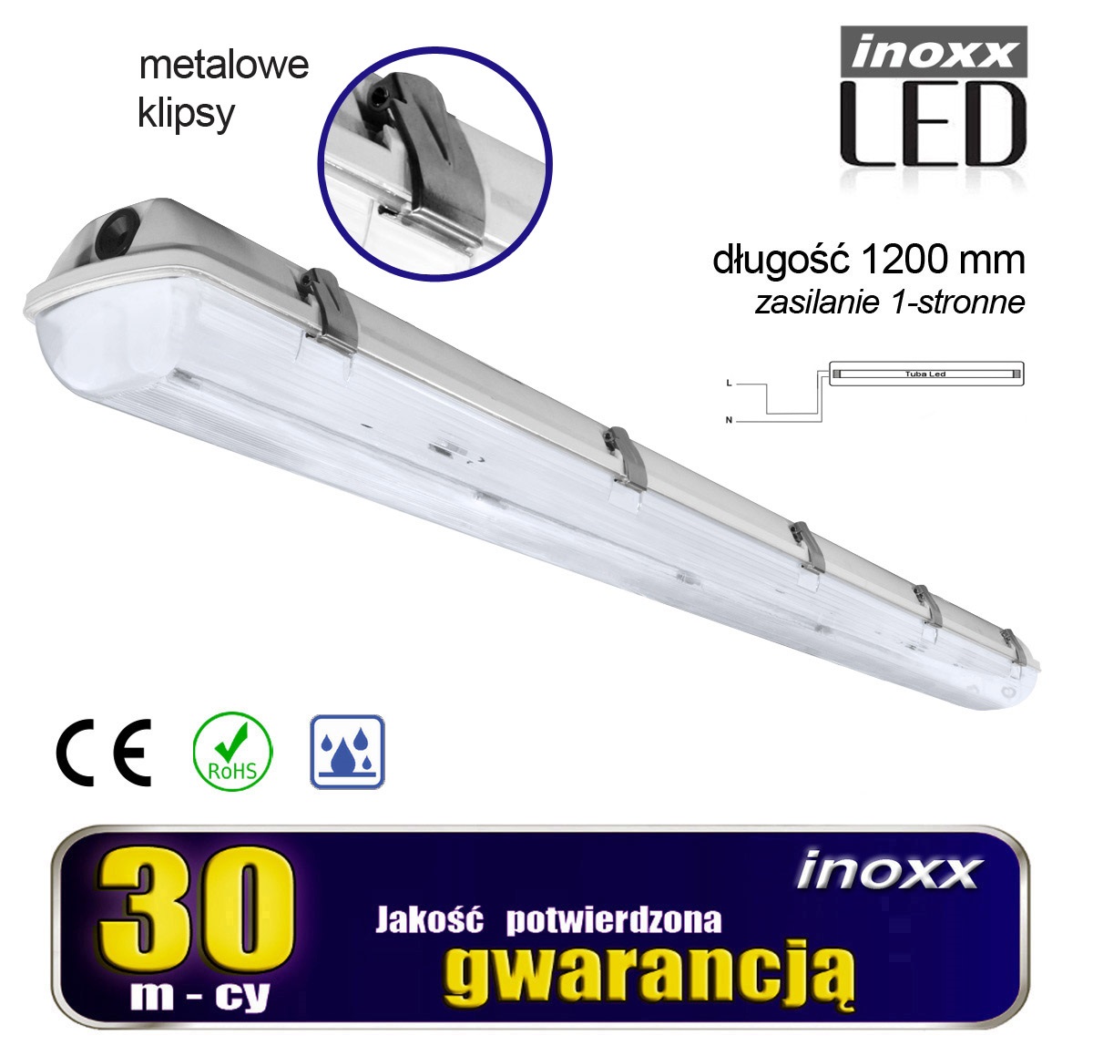 INOXX T8 FIX1 120 HERM ME FS 1S--nowoczesna oprawa przemysłowa do montażu natynkowego dla jednej świetlówki T8 z trzonkiem G13 120cm jednostronnie zasilanejlampa hermetyczna o poziomie szczelności IP65, posiada dodatkową uszczelkę zabezpieczającą przed wilgociąsolidne wykonanie lamp