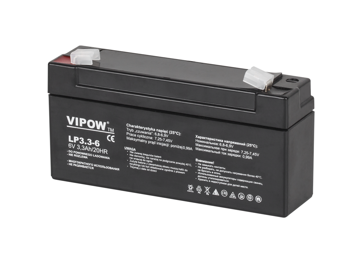 LEC-BAT0205--Akumulator żelowy Vipow 6 V / 3,3 AhAkumulatory żelowe stały się alternatywą dla klasycznych akumulatorów kwasowo-ołowiowych. W przeciwieństwie do tych drugich, modele żelowe są akumulatorami bezobsługowymi. Oznacza to, że nie wymagają one uzupełnian