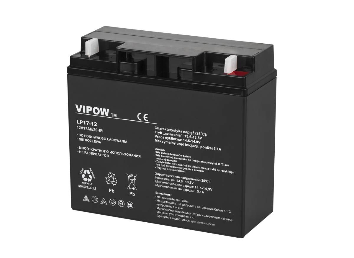 LEC-BAT0212--Akumulator żelowy Vipow 12 V / 17 AhAkumulatory żelowe stały się alternatywą dla klasycznych akumulatorów kwasowo-ołowiowych. W przeciwieństwie do tych drugich, modele żelowe są akumulatorami bezobsługowymi. Oznacza to, że nie wymagają one uzupełnian