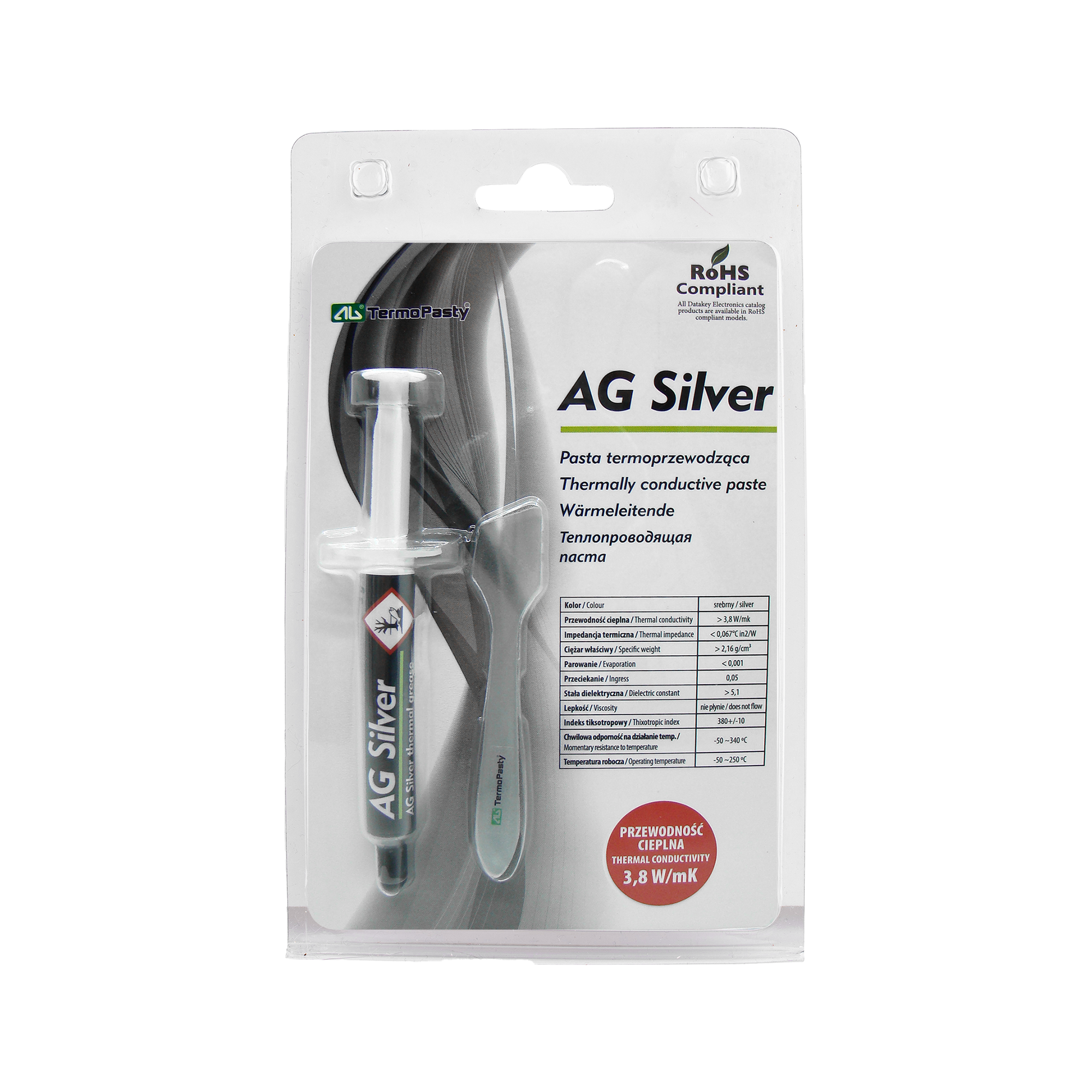LEC-CHE1588--AG Silver to pasta termoprzewodząca z dodatkiem związków srebra. Wysoka przewodność cieplna srebra rekompensuje niedostateczną przewodność cieplną związków węglowo-krzemowych.Pasta termoprzewodząca ma kolor srebrny, a jej przewodność cieplna jest o w