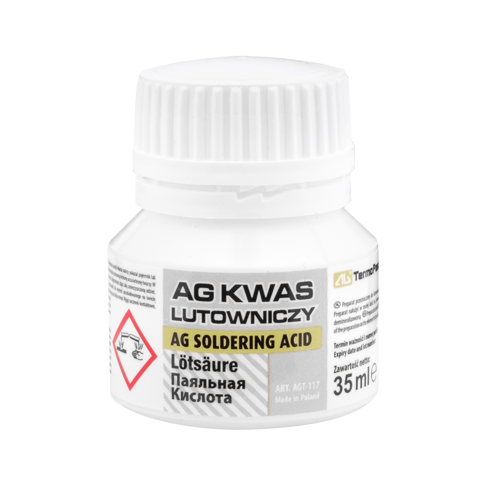 LEC-CHE1605--Pojemność: 35 mlZastosowanie: Preparat przeznaczony do lutowania powierzchni niklowanych---Sposób użycia: Preparat nałożyć w małej ilości na element lutowany, następnie zmyć go wodą.UWAGA! Preparat niebezpieczny zawiera 35% kwasu fosforowego. W przyp