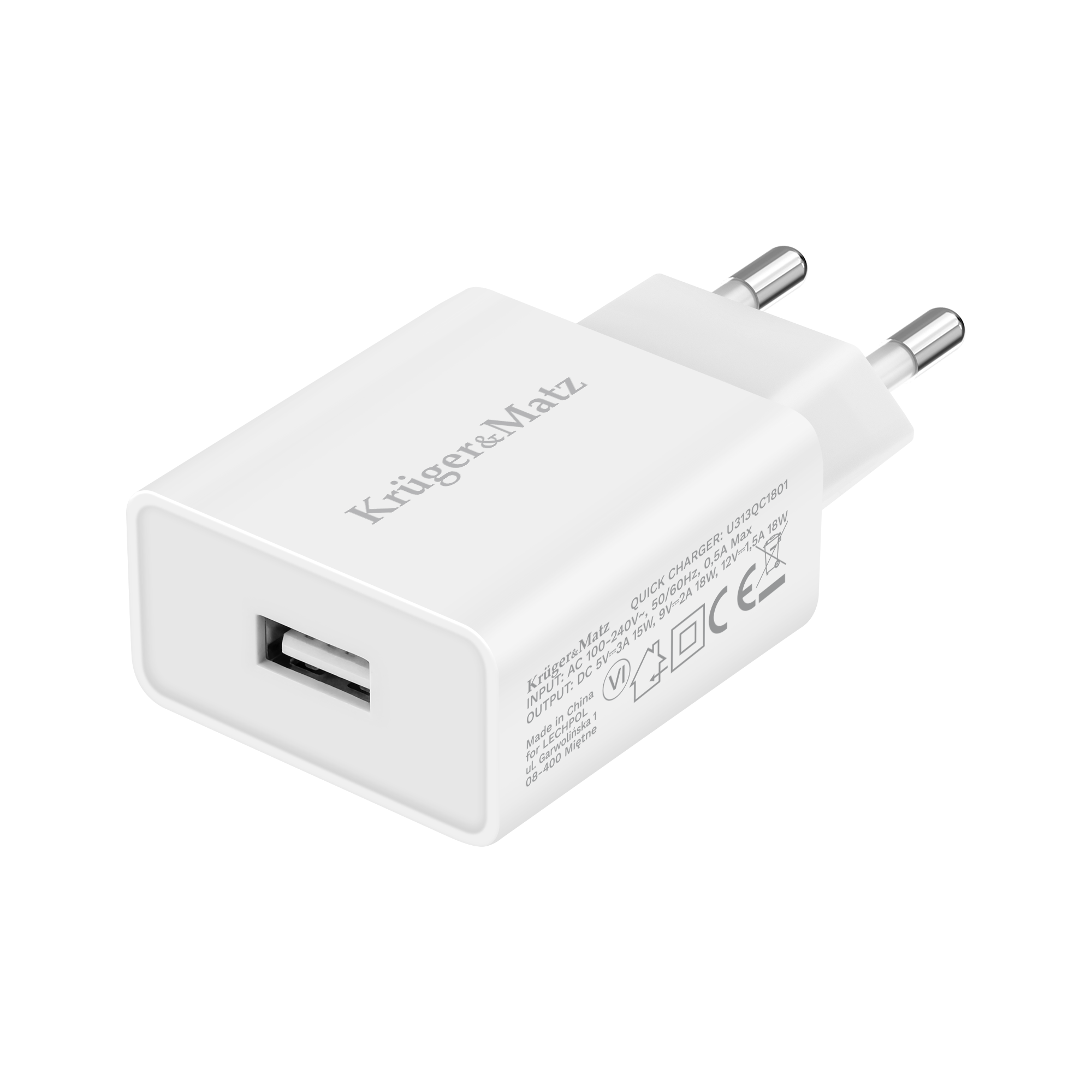 LEC-KM0852--Typ: SieciowaRodzaj łącza: USB typu ANapięcie wejściowe: AC 100-240 V / 50-60 Hz 0,5 ANapięcie wyjściowe: 5 V / 9 V / 12 V Prąd wyjściowy: 3 A / 2 A / 1,5 AMoc: 18 WSzybkie ładowanie: MediaTek Pump Express 3.0Zabezpieczenia: Przed przeładowaniem i pr