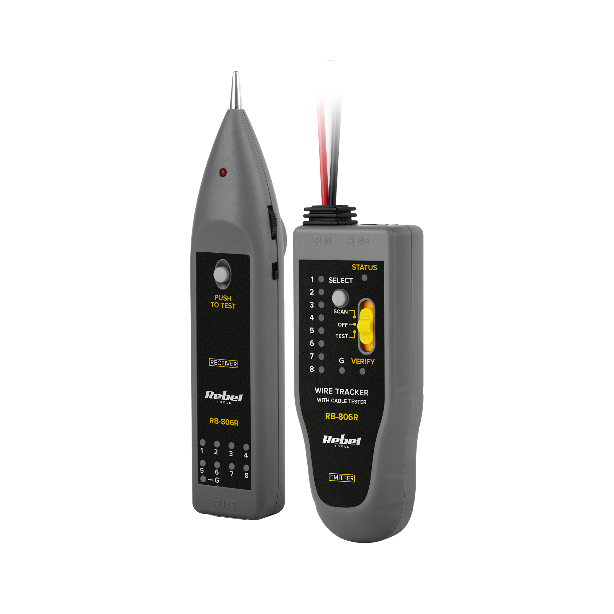 LEC-MIE-RB-806R--Tester linii telefonicznych - Szukacz par przewodów Rebel Tools RB-806RRebel Tools to przede wszystkim urządzenia, które mają na celu wspomóc majsterkowiczów, którzy drobne prace remontowe chcą wykonywać samodzielnie. Mając na uwadze, że dobre elektr