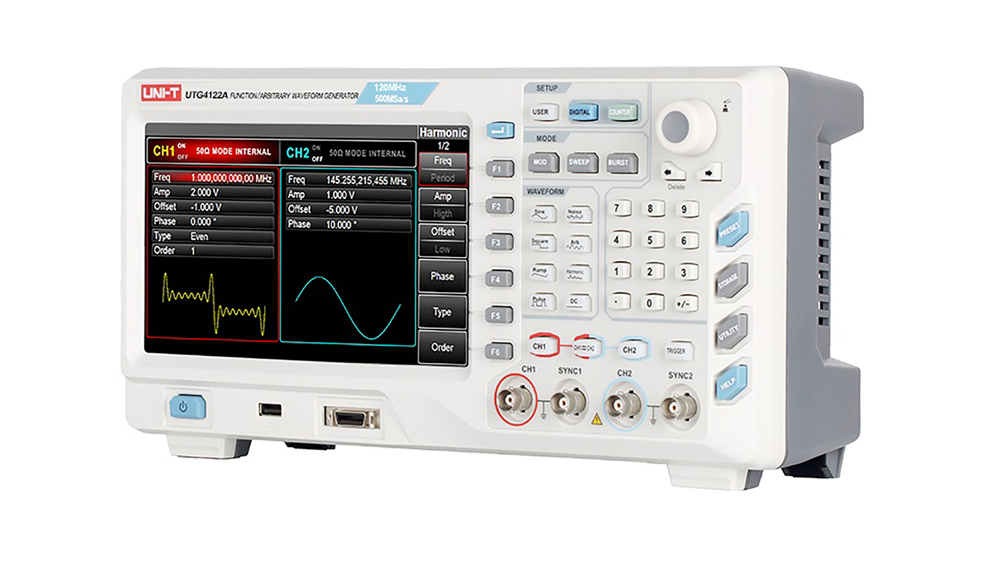 LEC-MIE0392--PARAMETRY GŁÓWNESzerokość pasma analogowego: 120 MHzLiczba kanałów: 2Częstotliwość próbkowania: 500 MS/sGenerowane przebiegi: sinusoida, kwadrat, rampa, harmoniczne, impulsowe, szumowe, DC, arbitralneTryby pracy: wyjście aktywne/nieaktywne, ciągły, m