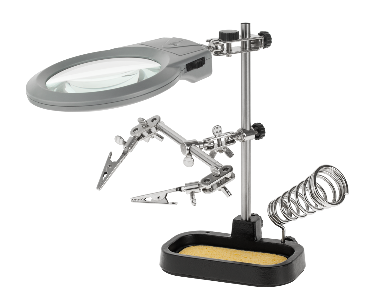 LEC-NAR0150--2 regulowane ramiona z zaciskami (krokodyle)Lupa (2D)Rozmiar soczewki: 90 mm2 diody LEDPodstawka na lutownicęGąbkaŻeliwna podstawkaZasilanie: 3x bateria AAA (brak w zestawie)