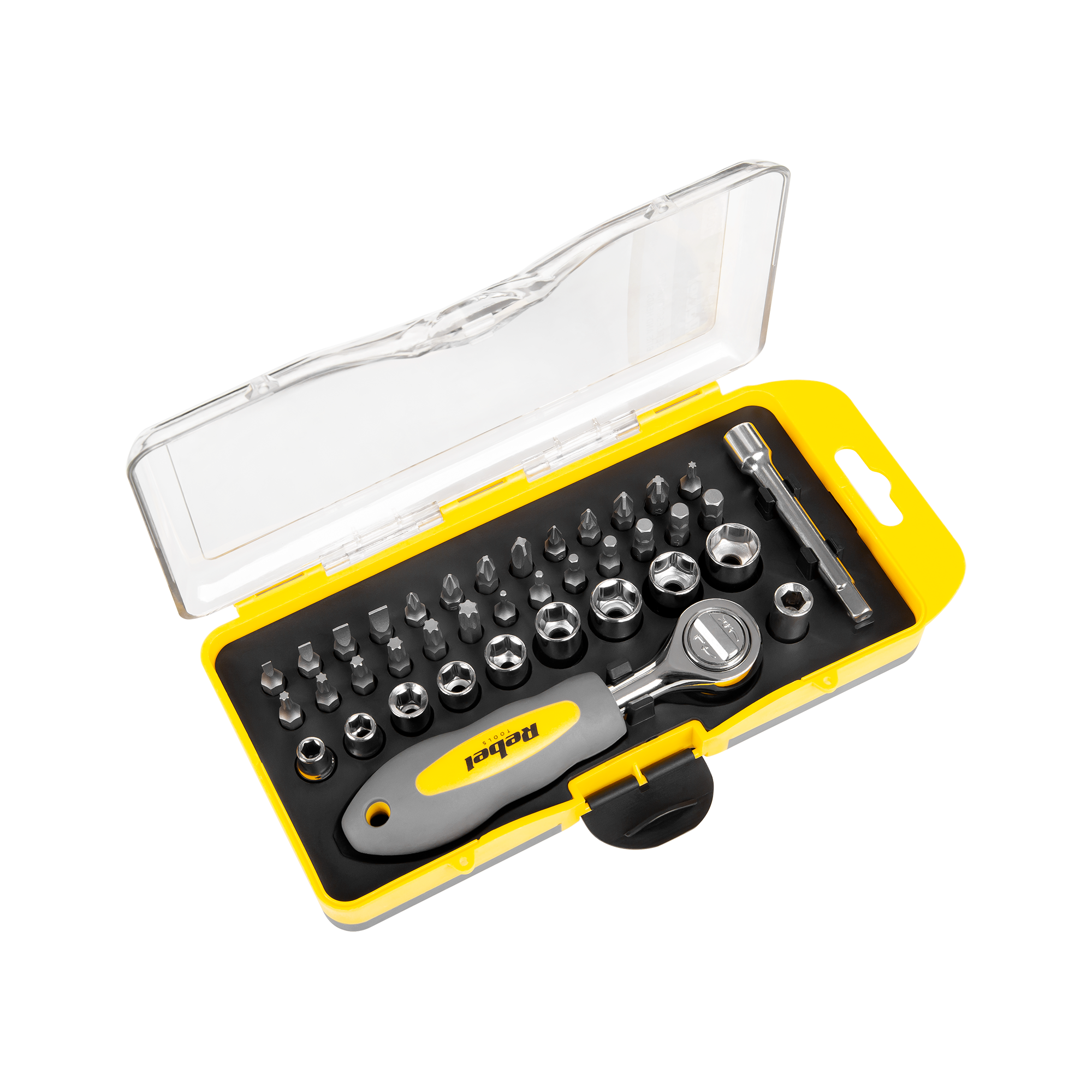 LEC-RB-1104--Zestaw 38 bitów i nasadek z kluczem grzechotkowym Rebel ToolsChcesz mieć odpowiednią ilość niezbędnych narzędzi ułatwiających montowanie i naprawę? Bądź zawsze przygotowany do pracy! RB-1104, tj. zestaw 38 bitów Rebel Tools, to coś, co każdy majsterk