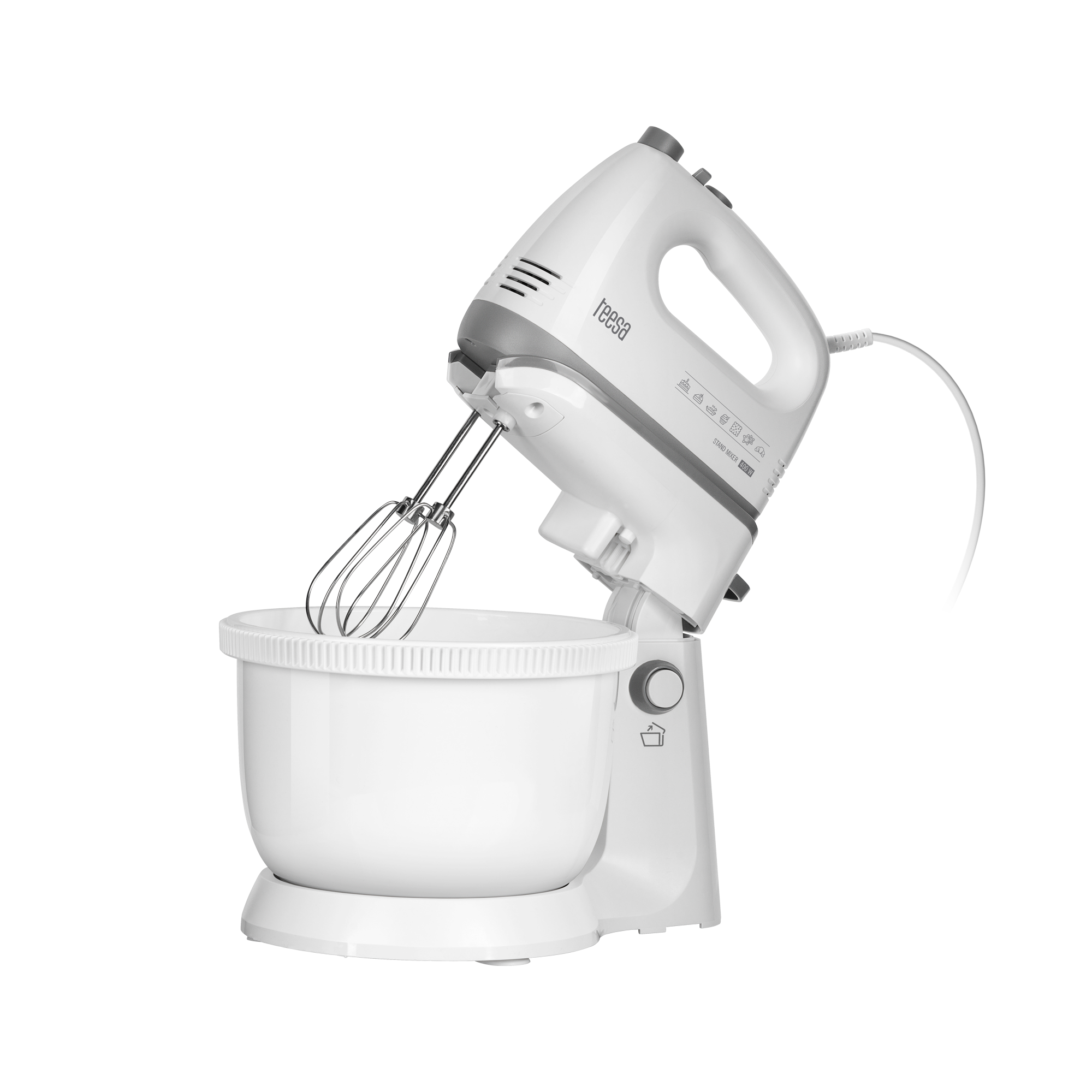 LEC-TSA3547--Mikser ręczny Teesa TSA3547 z misą obrotowąMikser kulinarny to urządzenie, które jest bardzo pomocne zwłaszcza podczas przygotowywania pysznych ciast. Dlatego właśnie, jeśli lubisz rozpieszczać domowników lub przyjaciół słodkościami, mikser powinien 