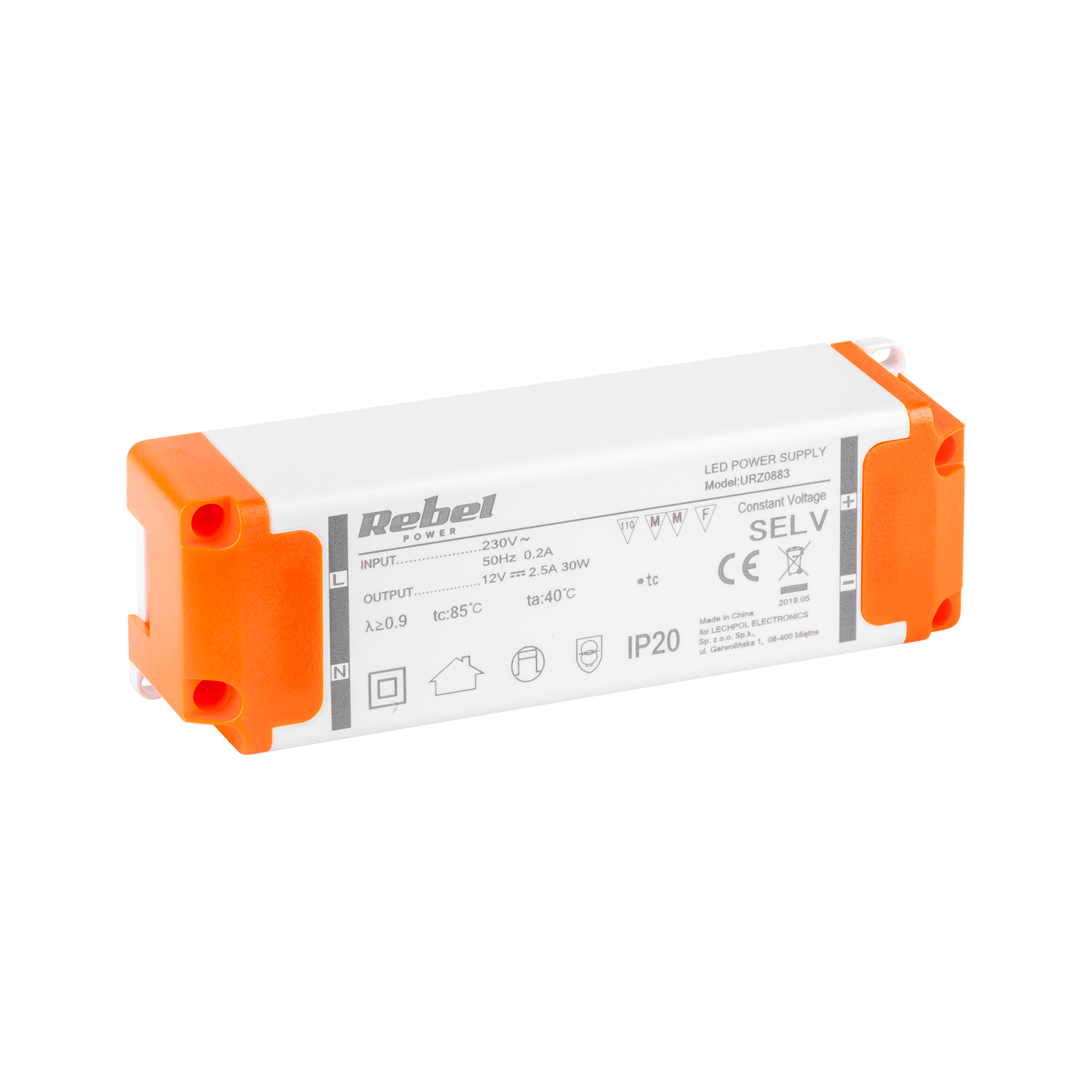 LEC-URZ0883--Moc: maks. 30 W / 2,5 A Wejście: 230 V AC, 50 HzWyjście: 12 V DCWymiary: 133x42x30 mm