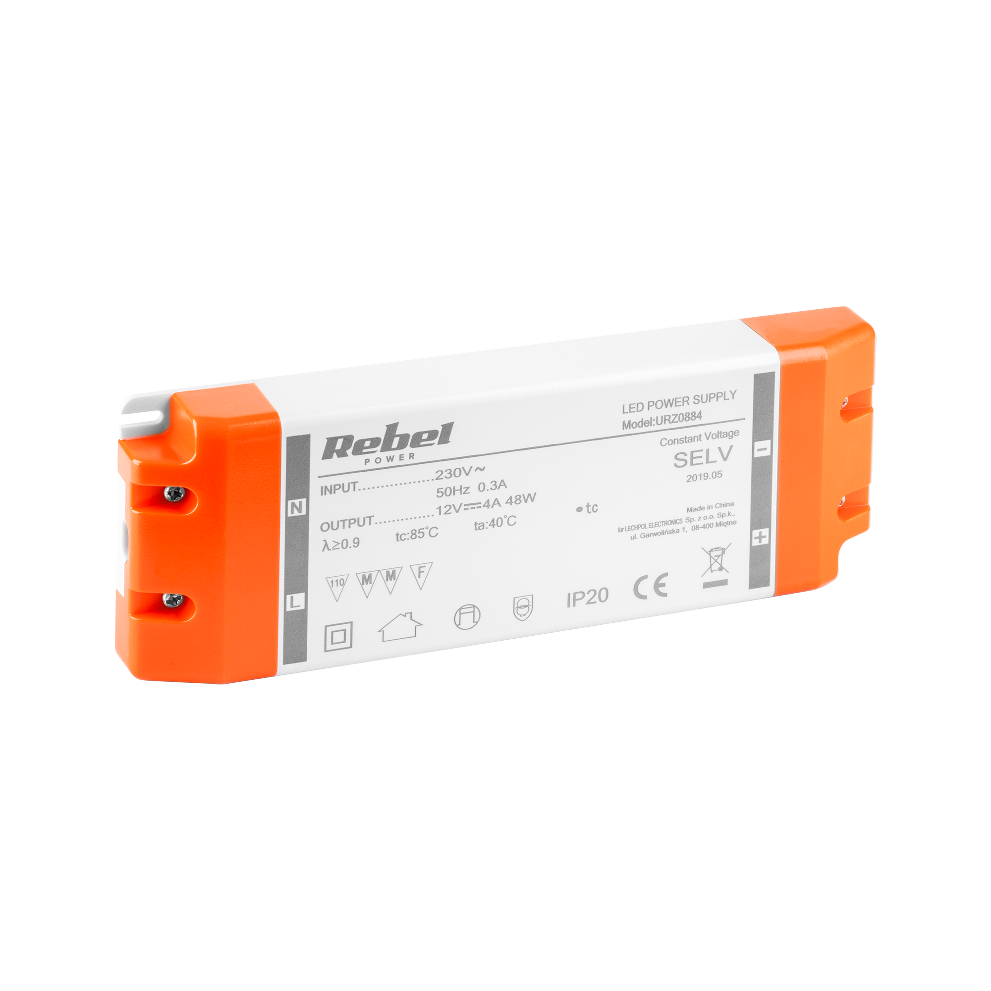 LEC-URZ0884--Moc: maks. 48 W / 4 A Wejście: 230 V AC, 50 HzWyjście: 12 V DCWymiary : 166x48x37