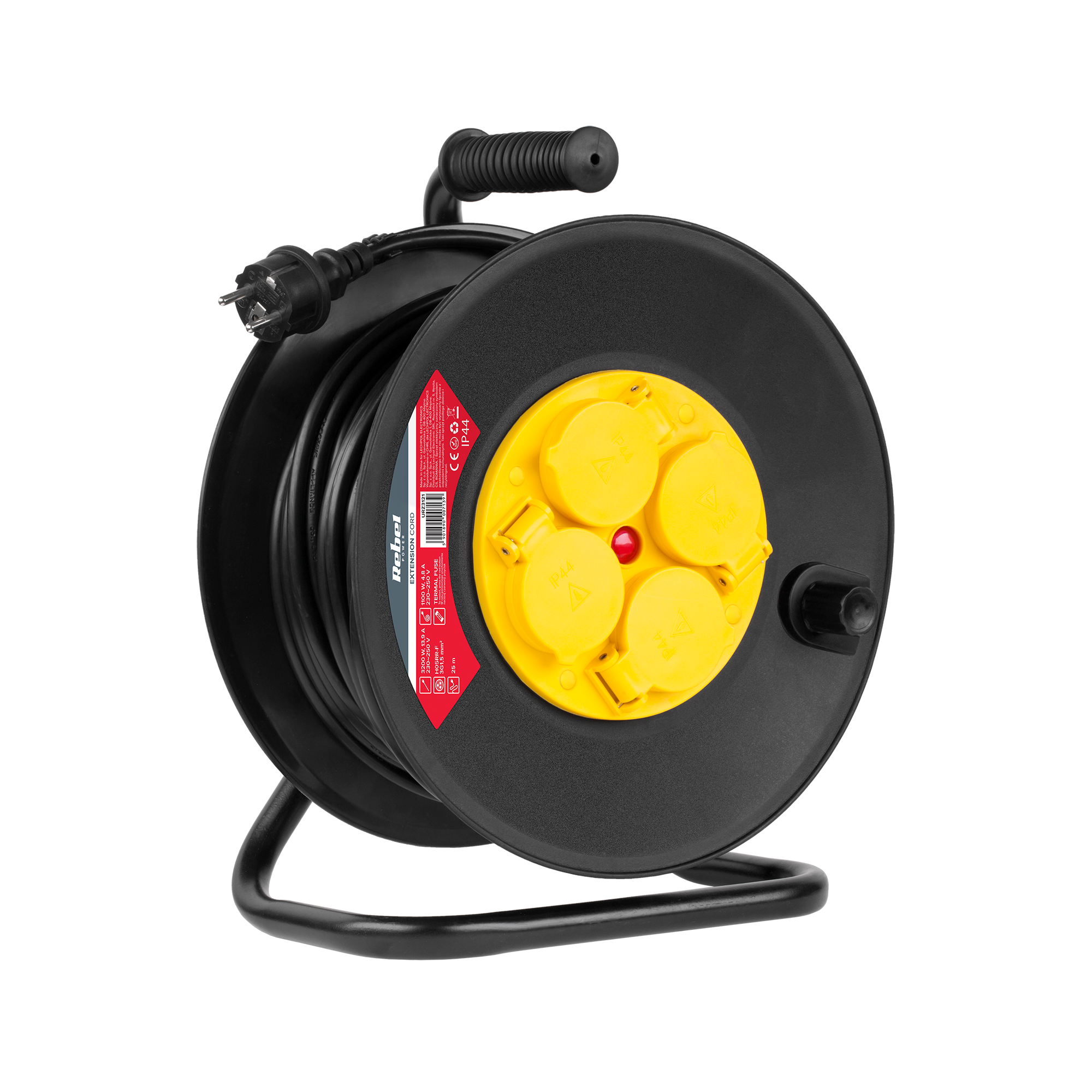 LEC-URZ3121--Ilość gniazd: 4Długość: 25 mMaks. napięcie: 250 V/50 HzNapięcie znamionowe: 230 VMaks. obciążenie: - przy rozwiniętym kablu: 3200 W/13,9 A- przy zwiniętym kablu: 1100 W/4,8 APrzewód: 3x 1,5 mm2Do użytku zewnętrznego (IP44)---Uwaga:Bezpiecznik termicz