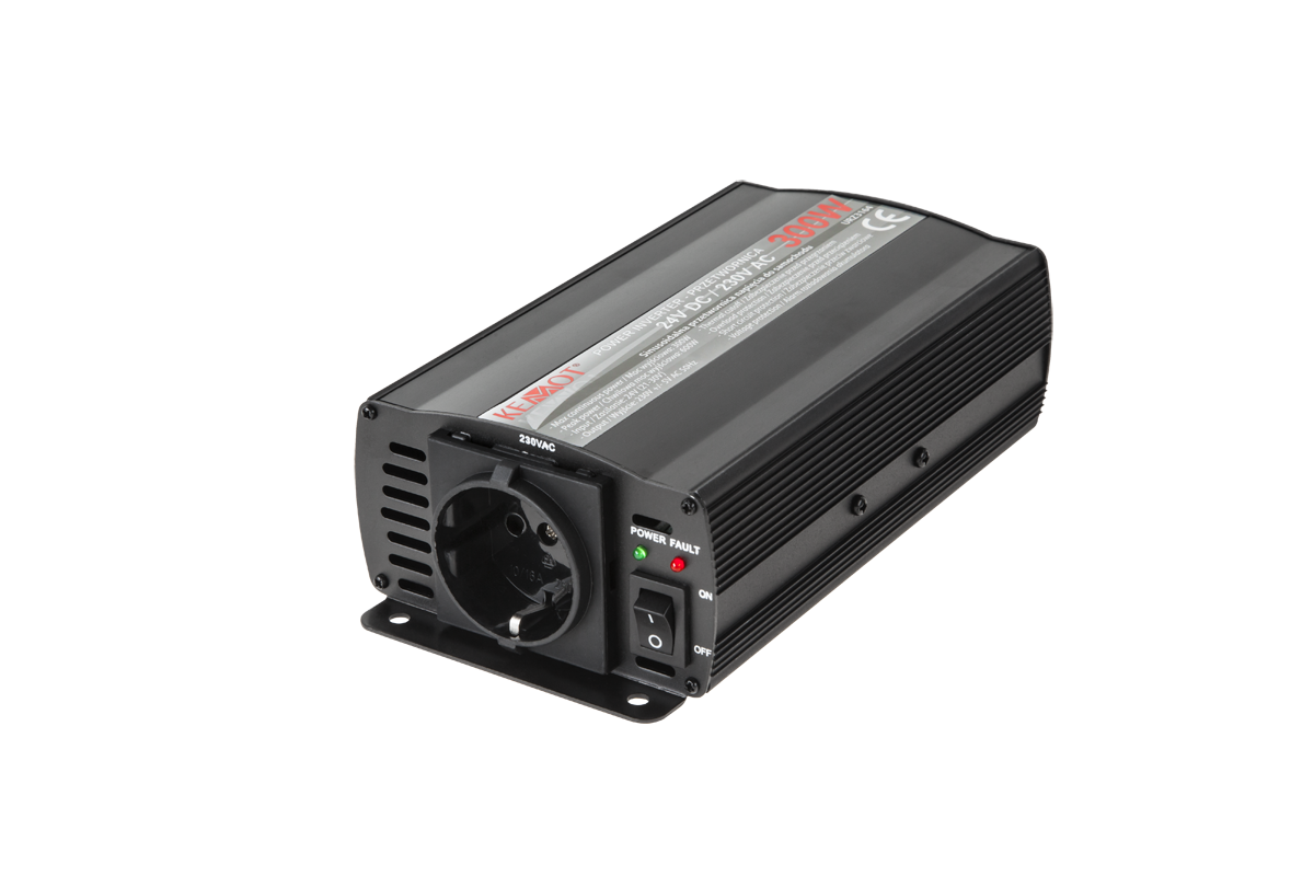 LEC-URZ3164--Przetwornica napięcia do samochodu 24 V DC/230 V ACMoc wyjściowa: 300 W Chwilowa moc wyjściowa: 600 W Zasilanie: 24 V (21-30 V) Wyjście: 230 V +/-5 V AC; 50 HzGniazdo typu niemieckiegoZabezpieczenia wewnętrzne: Alarm niskiego poziomu akumulatora (bat