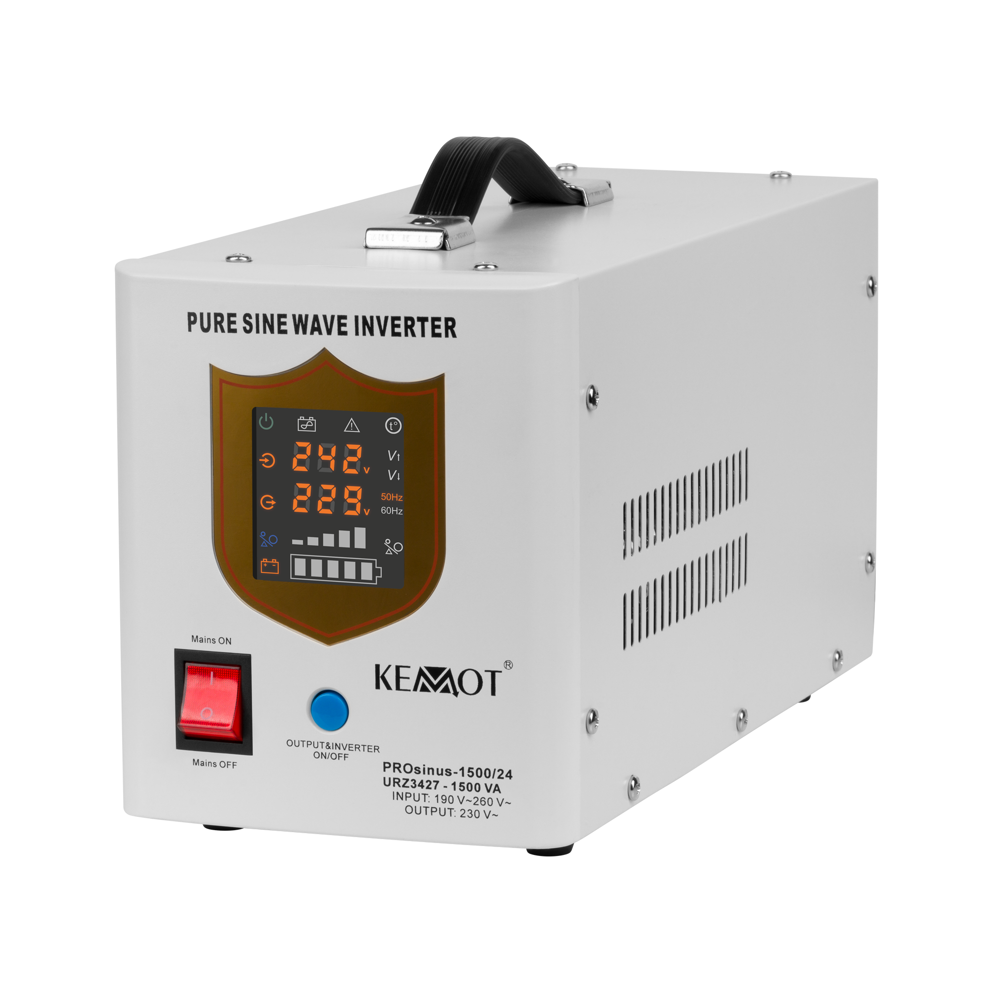 LEC-URZ3427--Chroń swój dom i zadbaj o bezpieczeństwo energetyczne!Zasilacz awaryjny KEMOT PROsinus-1500/24   1500 VA / 1050 W- Moc znamionowa: 1050 W- Rodzaj baterii: 24 V DC- Napięcie wejściowe: 190 - 260 V AC- Napięcie wyjściowe: 230 V AC +/-8%- Kształt napięc