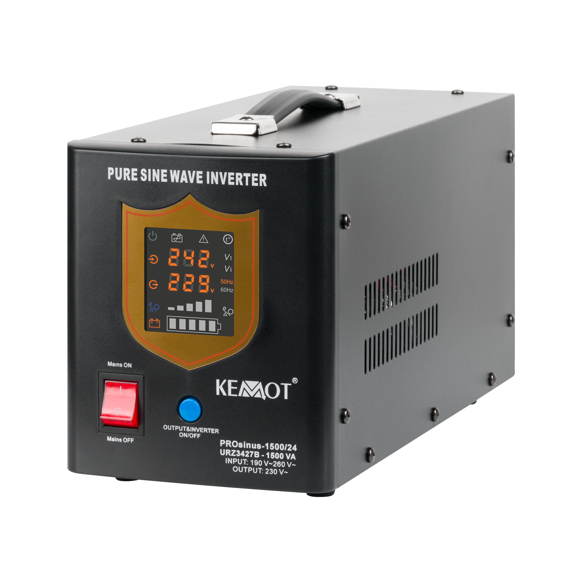LEC-URZ3427B--Chroń swój dom i zadbaj o bezpieczeństwo energetyczne!Zasilacz awaryjny KEMOT PROsinus-1500/24   1500 VA / 1050 W- Moc znamionowa: 1050 W- Rodzaj baterii: 24 V DC- Napięcie wejściowe: 190 - 260 V AC- Napięcie wyjściowe: 230 V AC +/-8%- Kształt napięc