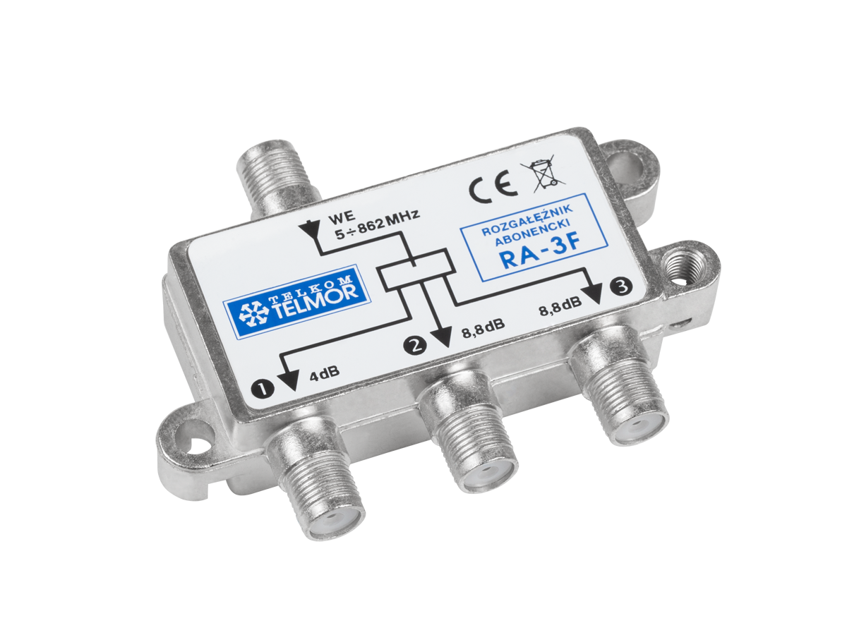 LEC-ZLA0649--Zakres częstotliwości pracy: 5 - 862 MHzRównomierny podział mocy sygnału wejściowego na 2 lub 3 wyjściaGniazda typu ?F?Solidna, odlewana obudowa ZnAl zapewniająca bardzo dobre ekranowaniePrzeznaczenie: rozgałęzianie lub sumowanie sygnałów radiowych i