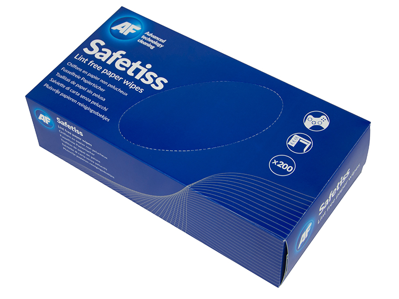 AFASRO00458--Komplet 200 sztuk bezpyłowych papierowych chusteczek do czyszczenia sprzętu komputerowego i biurowego. Nadają się do stosowania  łącznie z pianką AF Foam-Clene.