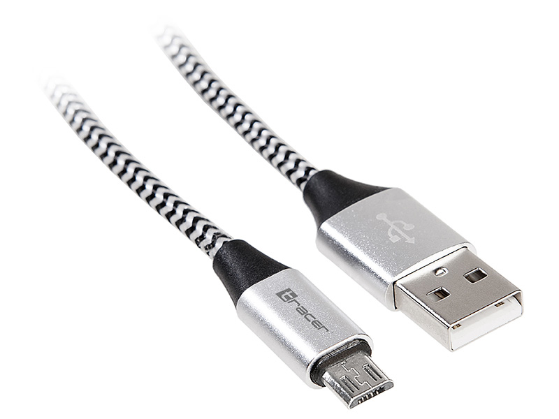 TRAKBK46928--Nowoczesny kabel w oplocie z uniwersalną końcówką micro USB. Pasuje do telefonów, tabletów, głośników, smartwatchy, urządzeń inteligetnego domu i innych kompatybilnych sprzętów z portem micro USB. Kabel można podłączyć do ładowarki z portem USB, do k