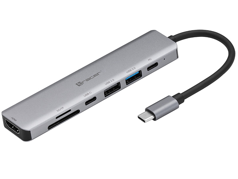 TRAPOD46997--Uniwersalny adapter 7 w1-Urządzenie wielofunkcyjne.-Nowoczesne złącze USB-C.-7 portów: USB 3.0, USB 2.0, HDMI 1.4, USB-C, SD, MicroSD, PD do 60W,-Lekka, aluminiowa obudowa.Wszechstronne zastosowanieAdapter A-2 poprawi łączność Twojego komputera PC lu