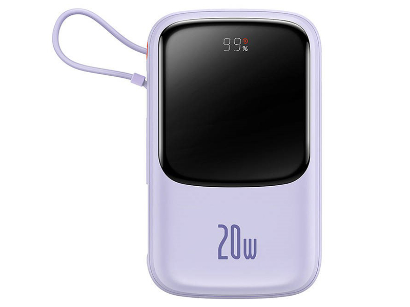 BASBAT47161--Powerbank Baseus Qpow Pro z kablem Lightning (fioletowy)Postaw na pojemny powerbank marki Baseus i ładuj swoje urządzenia szybko i bezpiecznie. Baseus Qpow Pro ma wbudowany kabel Lightning i 2 porty wyjścia, obsługuje też wiele protokołów szybkiego ł