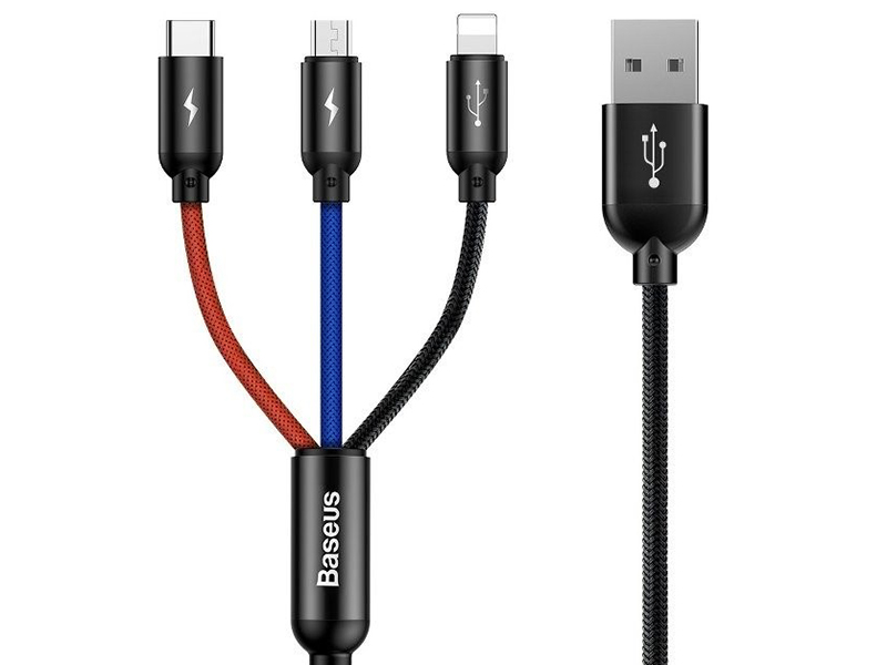 BASKBK47170--Kabel Baseus 3w1Wysokiej jakości kabel umożliwia szybkie i bezproblemowe ładowanie trzech urządzeń jednocześnie - ze złączami USB typu C, Lightning i Micro USB. Każdy przewód posiada inny kolor, dzięki czemu łatwo je rozróżnić. Kabel wspiera ładowani