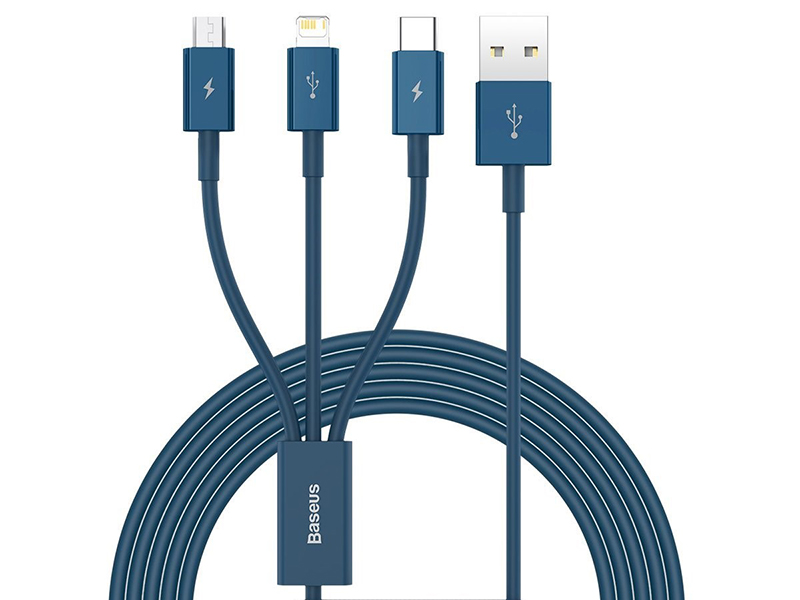 BASKBK47174--Kabel szybkiego ładowania 3w1 Baseus CAMLTYS-03Kabel Baseus CAMLTYS-03 umożliwia szybkie ładowanie Twojego telefonu. Pozwala też przesyłać pliki z prędkością do 480 MB/s. Wytrzymały i odporny na uszkodzenia - będzie doskonale Ci służył przez długi cz