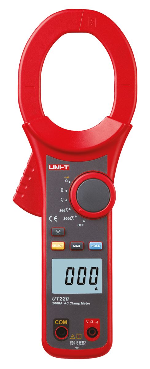 LEC-MIE0180--MIE0180 Miernik cęgowy 2000A AC model UT220Miernik uniwersalny Uni-TMiernik cyfrowy cęgowyPrąd AC: 200A/2000A; &amp;plusmn;(2.5%+5)Napięcie AC: 2V/20V/200V/750V; &amp;plusmn; (1.2%+5)Napięcie DC: 2V/20V/200V/750V; &amp;plusmn;(0.8%+1)Rezy