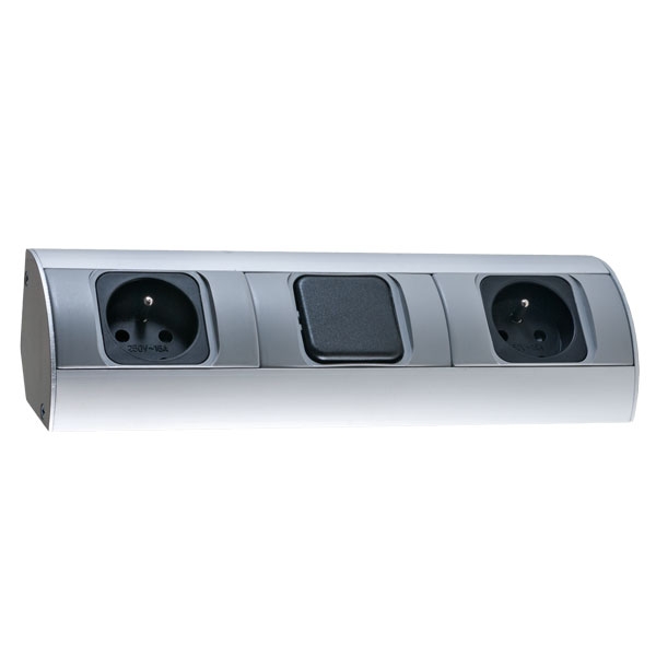 OR-AE-1304--Zestaw dwóch gniazd sieciowych z uziemieniem i przesłonami torów prądowych z wyłącznikiem, idealne do montażu w szafkach, gablotach i witrynach.