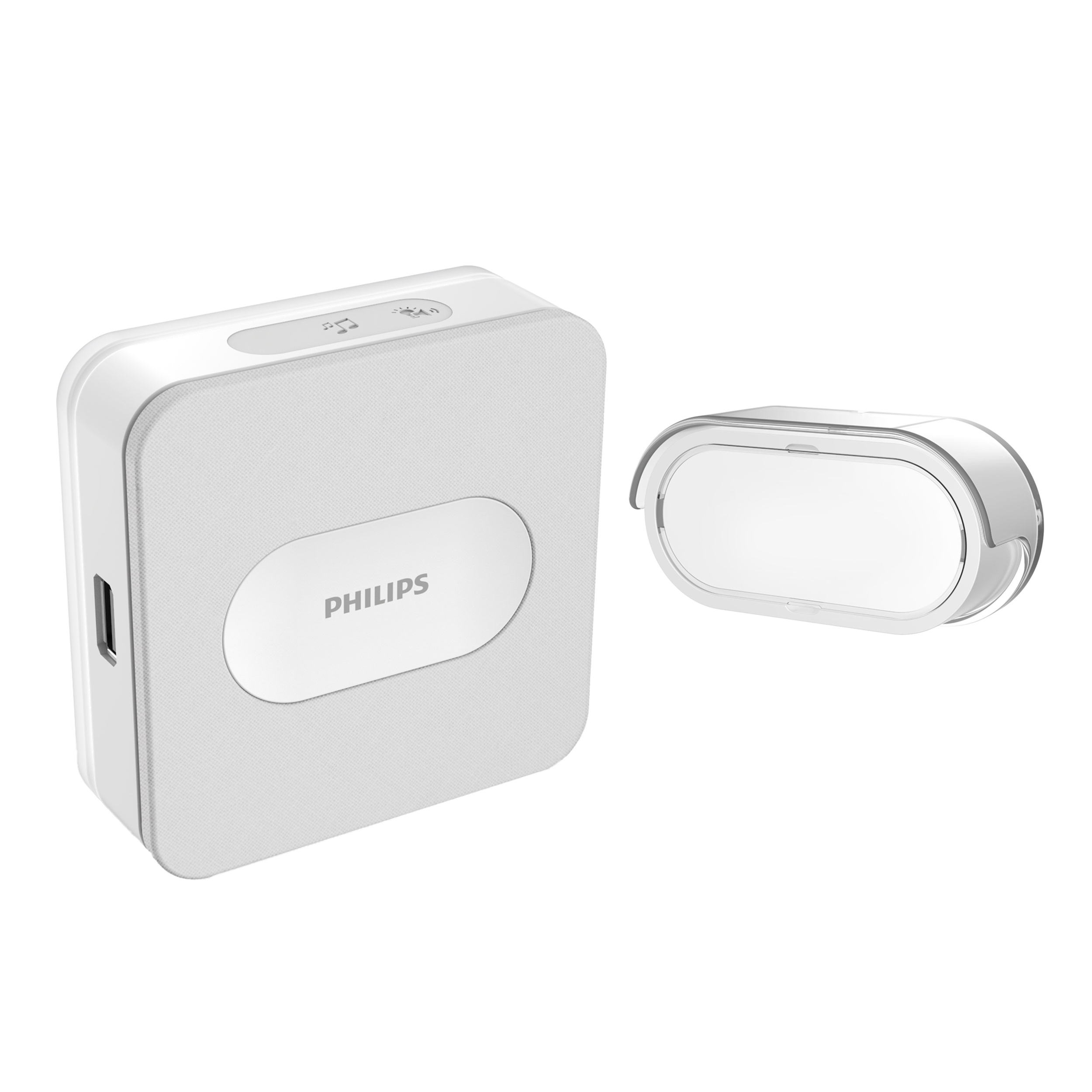 531115--Philips WelcomeBell Plugin, dzwonek bezprzewodowy, sieciowy, 4 melodie, ładowarka USB, zakres działania max. 300m