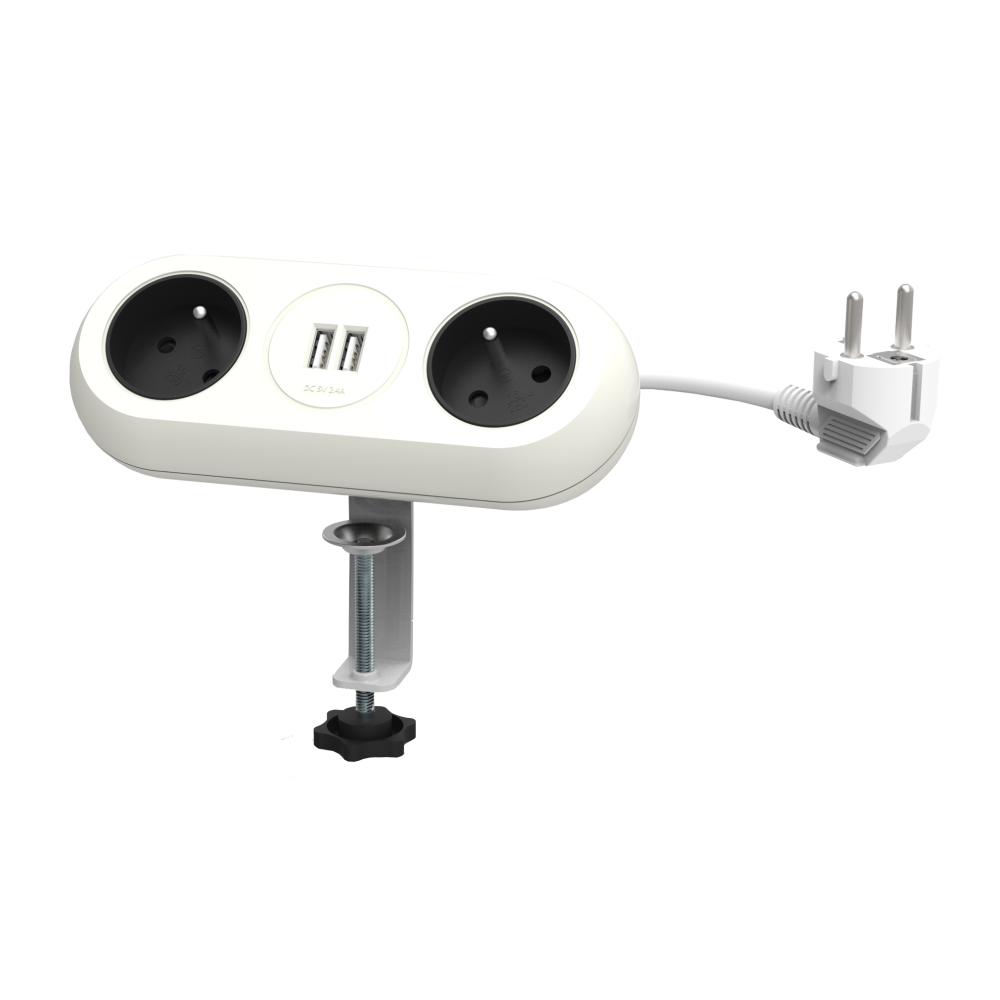 OR-AE-13197/W--Gniazdo meblowe z uchwytem montażowym i ładowarką do wszelkiego rodzaju urządzeń mobilnych, ładowanych przez port USB np. tablety, smartfony. Urządzenie posiada dwa gniazda sieciowe z uziemieniem i przesłonami torów prądowych, dwa porty ładowarki USB