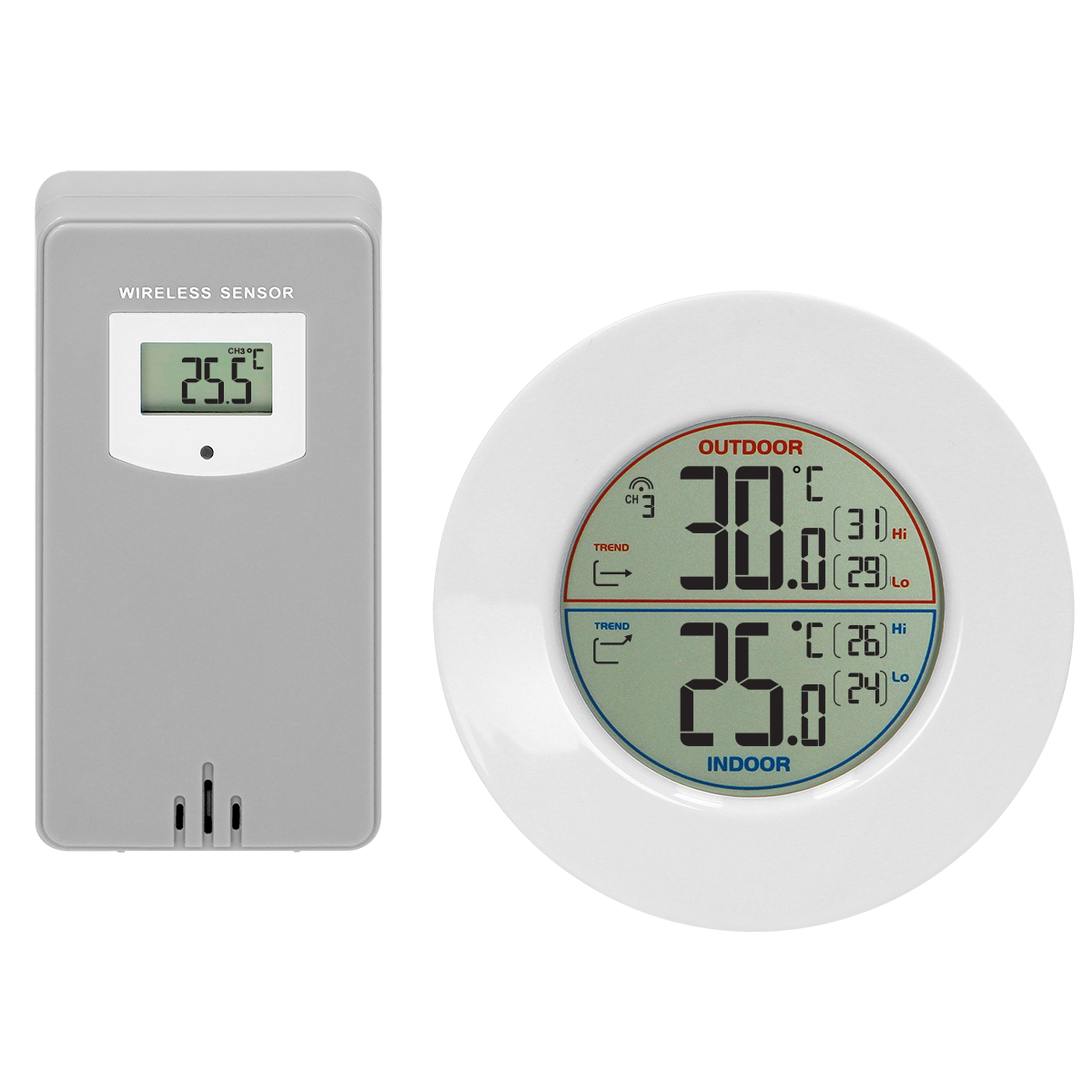 OR-SP-3100/W-G--Nowoczesna, bezprzewodowa stacja pogodowa przydatna w każdym domu. Czujnik zewnętrzny przesyła drogą radiową na częstotliwości 433MHz dane do stacji wewnętrznej.  Podświetlany, monochromatyczny wyświetlacz LCD podaje temperaturę wewnętrzną i zewnętrz