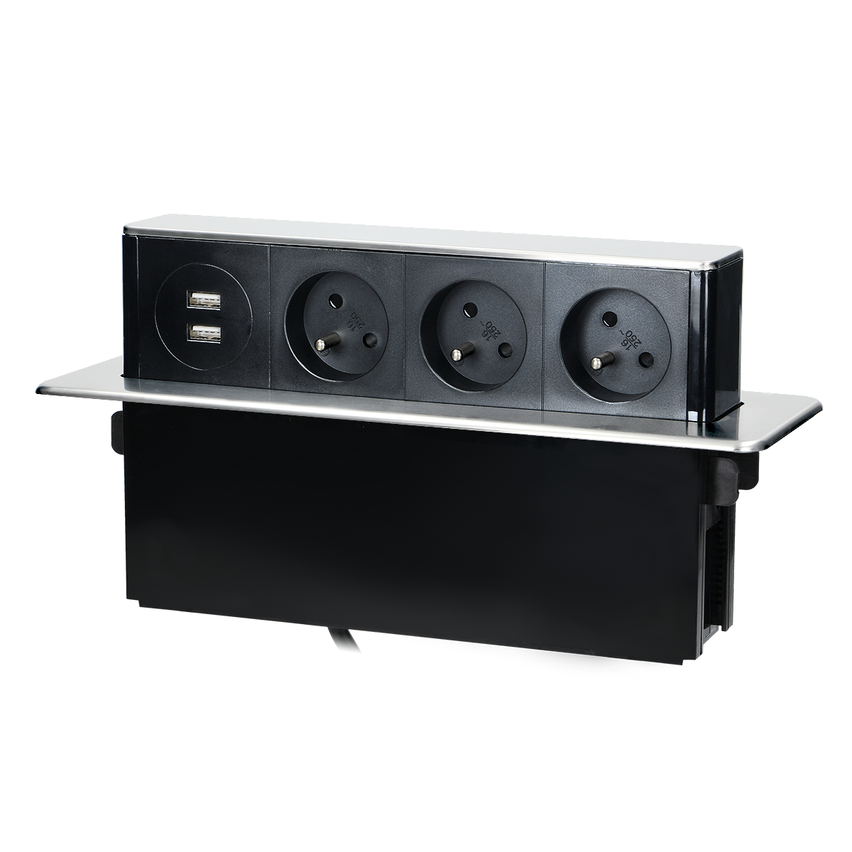 OR-GM-9009/B-G--Elegancka obudowa z panelem ze stali nierdzewnej INOX, zawierająca zestaw trzech uziemionych gniazd sieciowych typu E oraz 2 wejść USB. Nadaje się do montażu w stołach konferencyjnych, blatach mebli biurowych i kuchennych. Obudowa jest schowana w bla