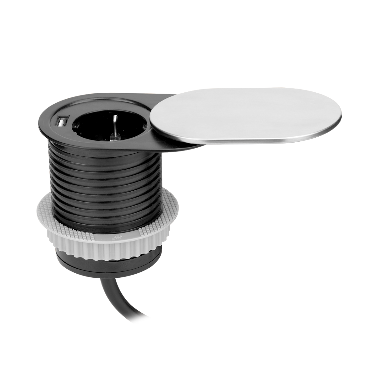 OR-AE-13124(GS)--Gniazdo sieciowe z uziemieniem i przesłonami torów prądowych, połączone z ładowarką USB w obudowie chowanej w blat. Urządzenie przeznaczone do montażu w biurkach, blatach i stołach. Posiada dodatkową przesuwaną pokrywkę chroniącą gniazdo sieciowe prz