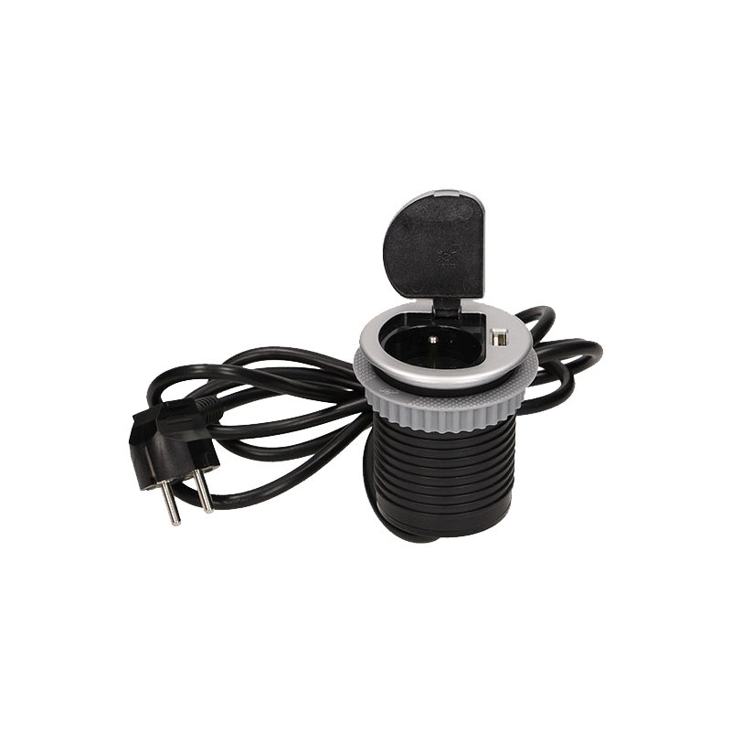 OR-AE-1373(GS)--Gniazdo sieciowe z uziemieniem i przesłonami torów prądowych, połączone z ładowarką USB w obudowie chowanej w blat. Urządzenie przeznaczone do montażu w biurkach, blatach, stołach i narożnikach. Posiada dodatkową pokrywkę chroniącą gniazdo sieciowe p