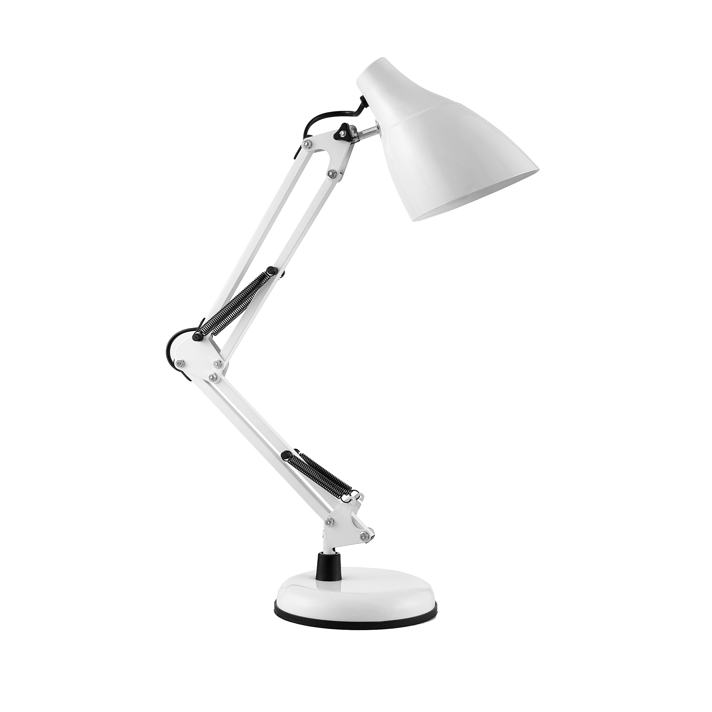 DL-1/W--Lampa biurkowa DIAN to połączenia klasycznego designu i funkcjonalności. Oprawa lampy wykonana jest z metalu, dostępnego w kolorach: czarnym, białym lub czerwonym. Źródło światła o mocy 60W zapewnia doskonałe oświetlenie miejsca pracy, a ruchome rami
