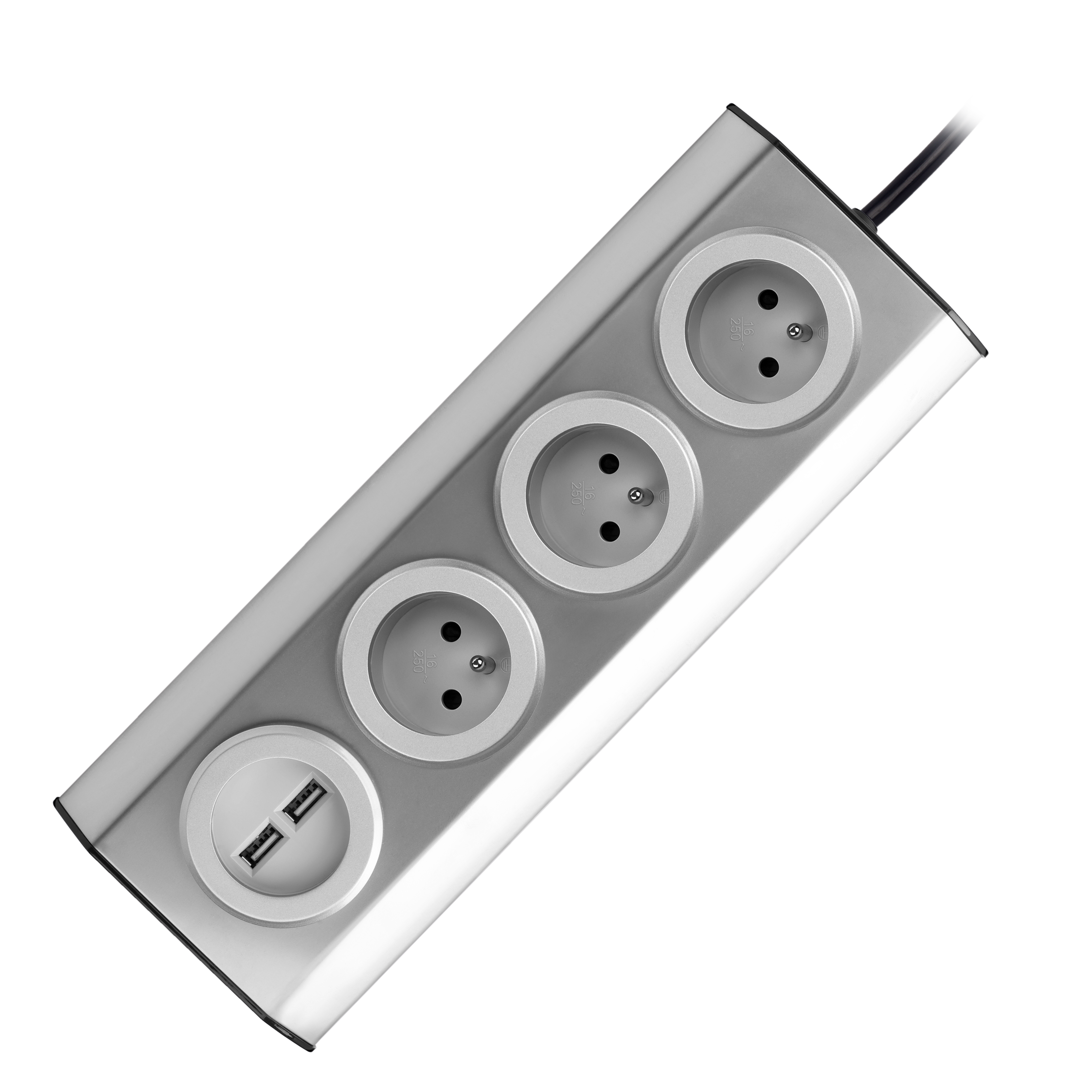 FS-4--Zestaw trzech gniazd sieciowych z uziemieniem i podwójnym portem USB, który idealnie nadaje się do montażu w szafkach, gablotach i witrynach. Prosty i szybki montaż na rzepy, sprawia łatwość każdemu użytkownikowi i zapewnia stabilne mocowanie do powi