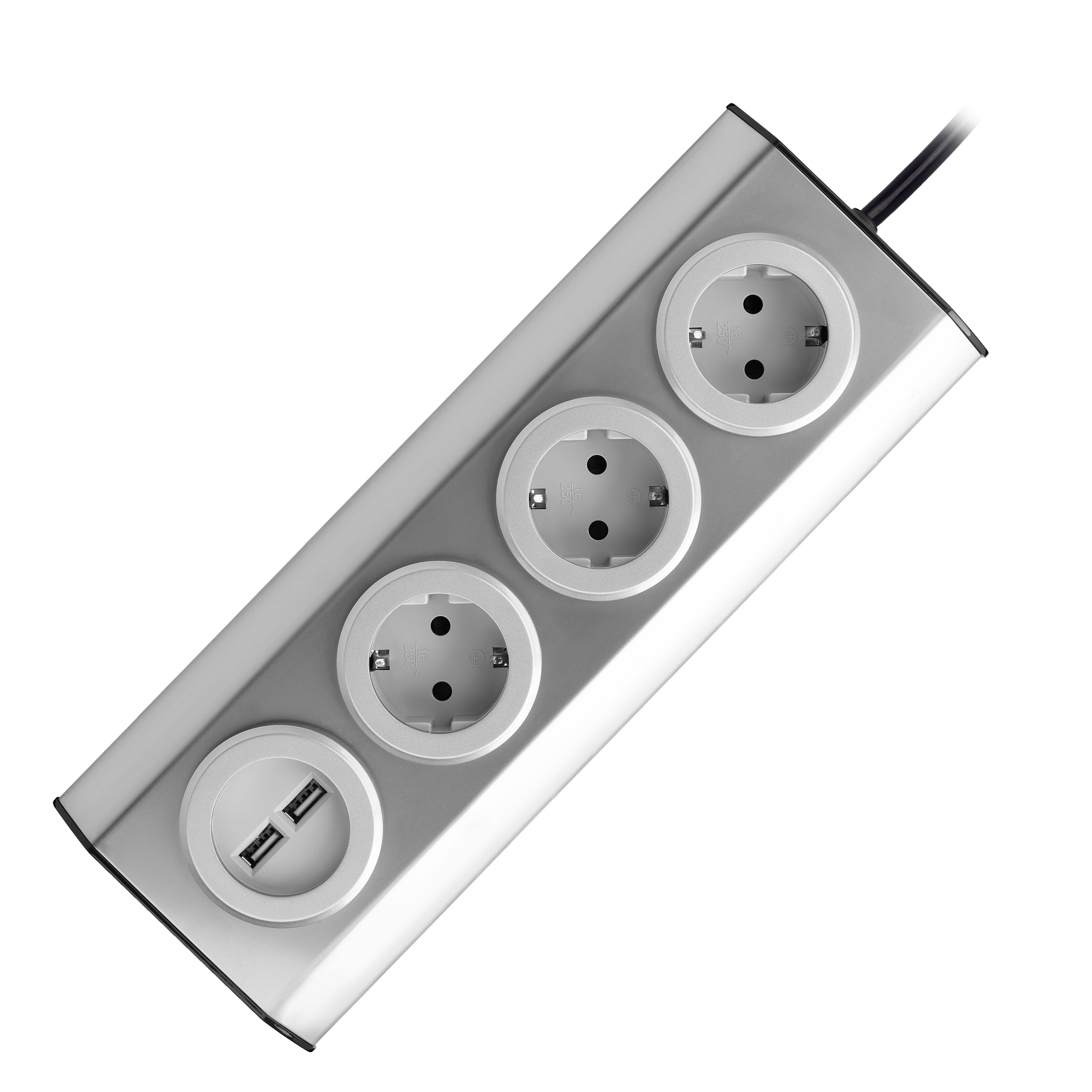 FS-4(GS)--Zestaw trzech gniazd sieciowych z uziemieniem schuko i podwójnym portem USB, który idealnie nadaje się do montażu w kuchni i biurze, na powierzchniach płaskich i w narożnikach. Prosty i szybki montaż na rzepy, sprawia łatwość każdemu użytkownikowi i 