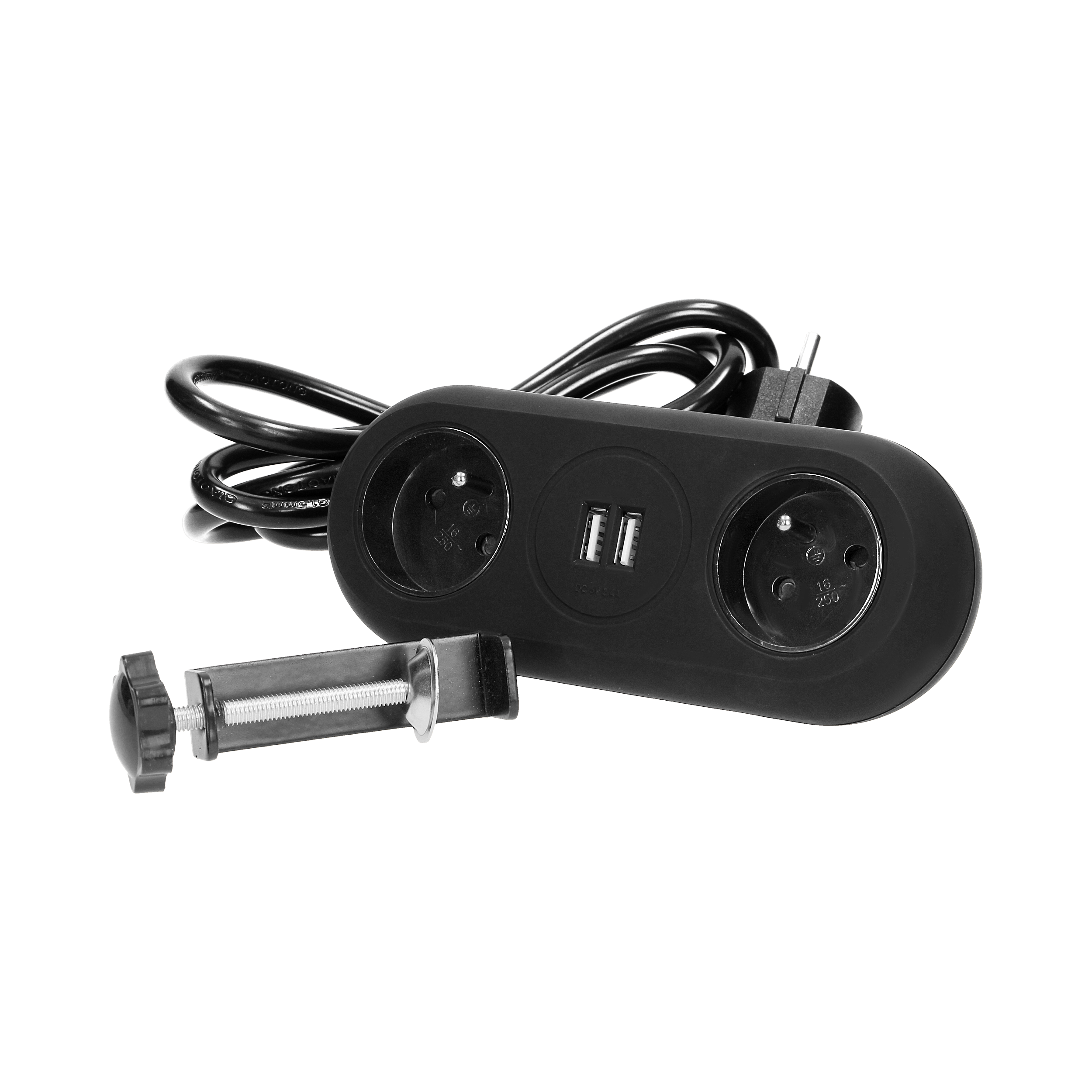 OR-AE-13197/B--Gniazdo meblowe z uchwytem montażowym i ładowarką do wszelkiego rodzaju urządzeń mobilnych, ładowanych przez port USB np. tablety, smartfony. Urządzenie posiada dwa gniazda sieciowe z uziemieniem i przesłonami torów prądowych, dwa porty ładowarki USB